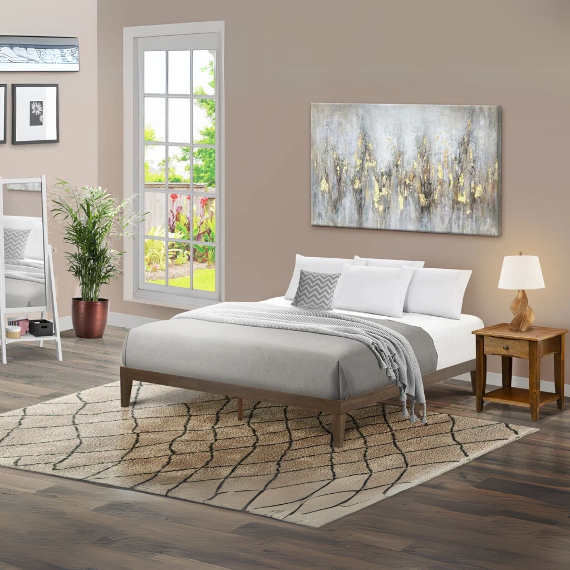 King Size Platform Bed with 4 Solid Wood Legs and 2 Extra Center Legs - Walnut Finish