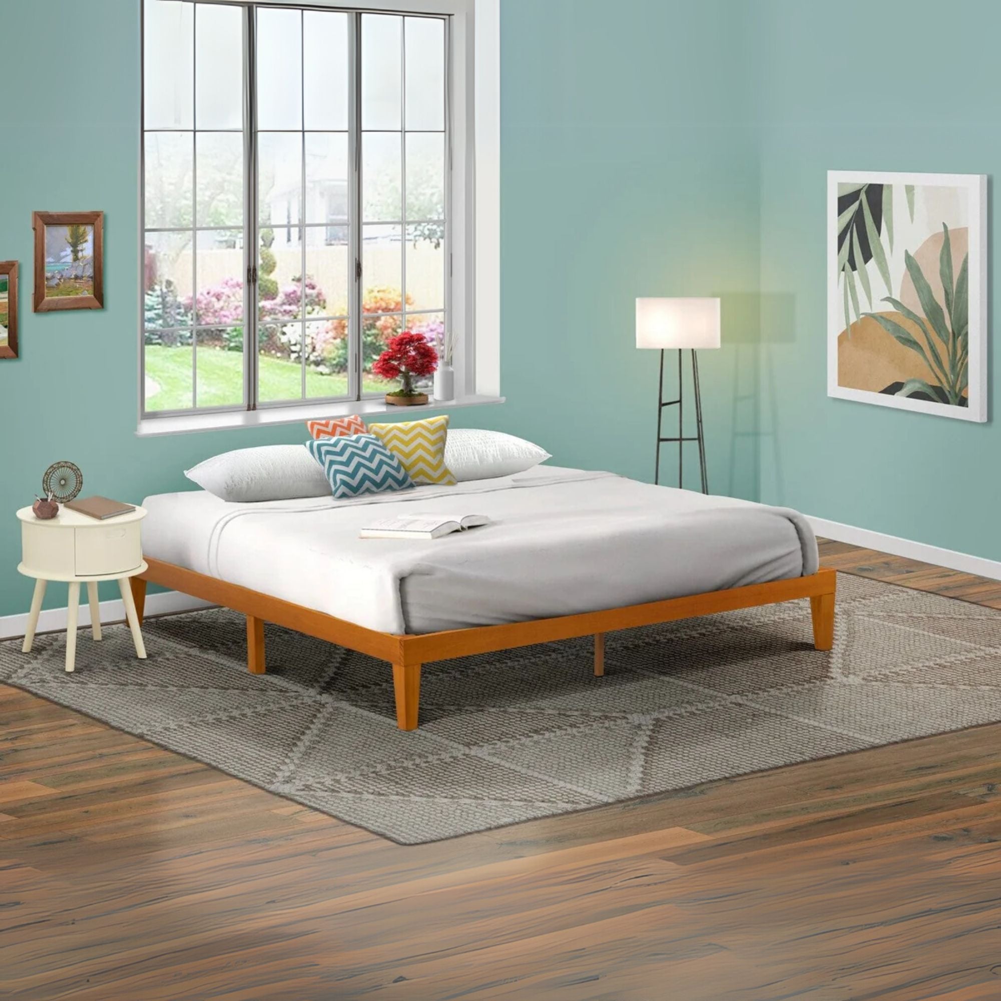 King Size Platform Bed Frame with 4 Solid Wood Legs and 2 Extra Center Legs - Oak Finish