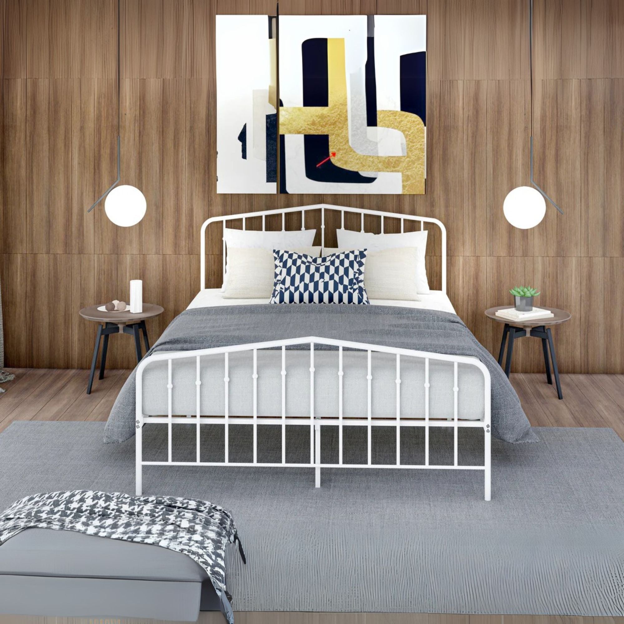 Toru Kemah Full Size White Powder-Coated Metal Bed  Sleek Frame with Extra Support