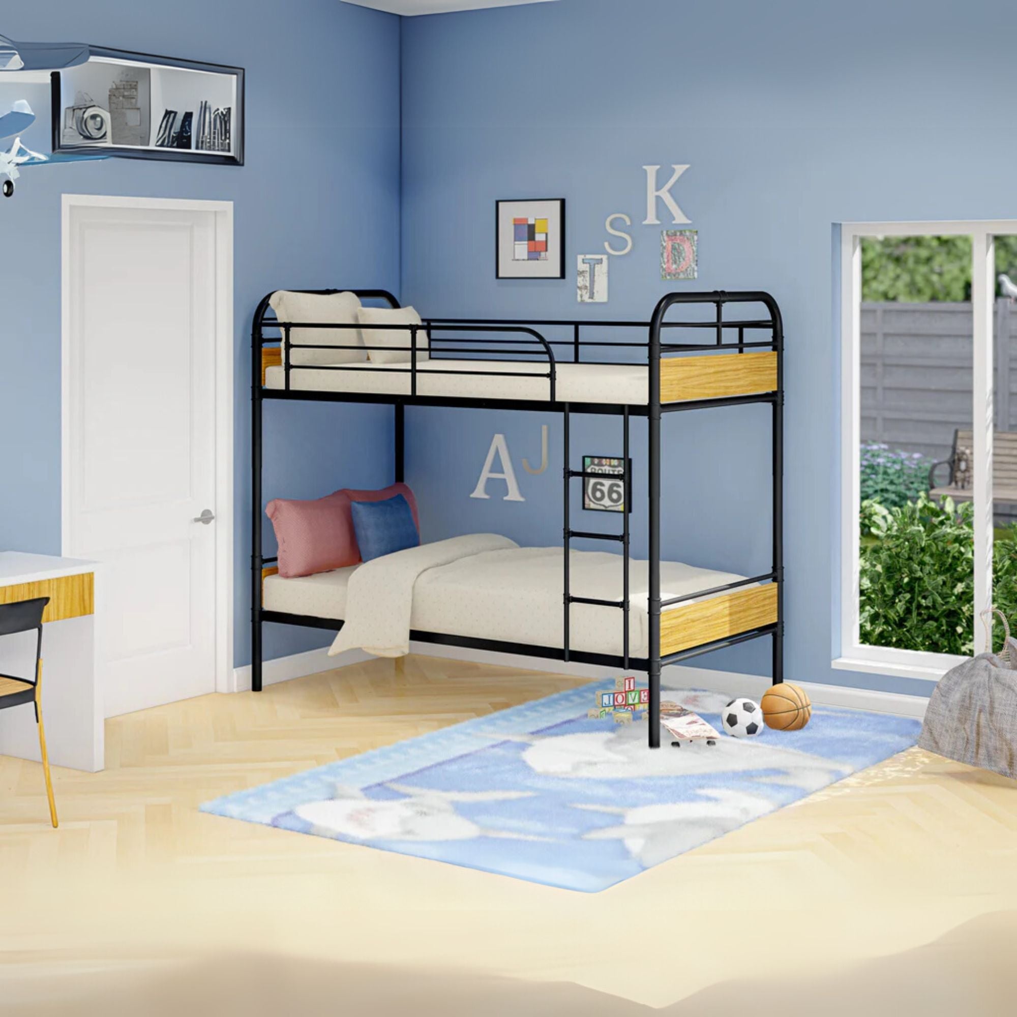 Hedley Bunk Bed Frame with 4 Metal Legs - Magnificent Twin Bed in Powder Coating Black Color and Weather Wood Laminate