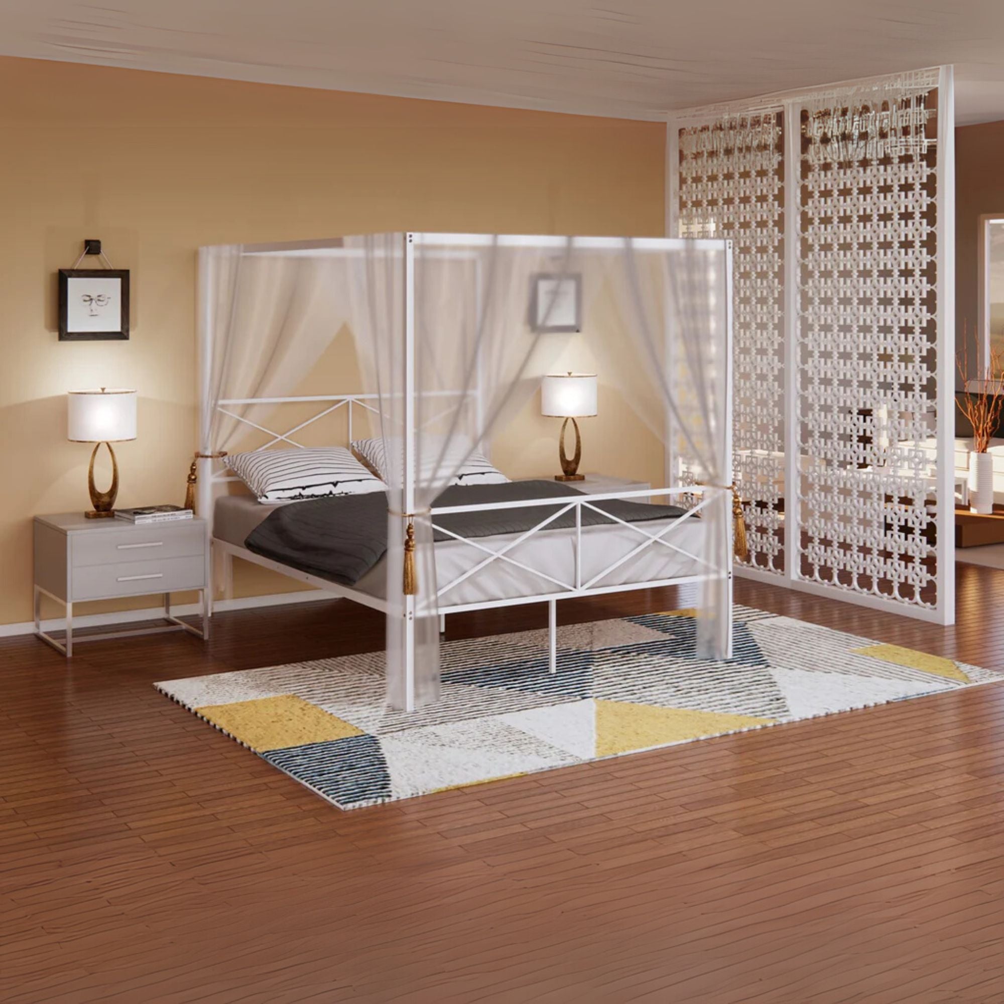 Glendale Queen Size Bed Frame with Modern Designed Headboard and Footboard - Canopy Metal Frame in Powder Coating White