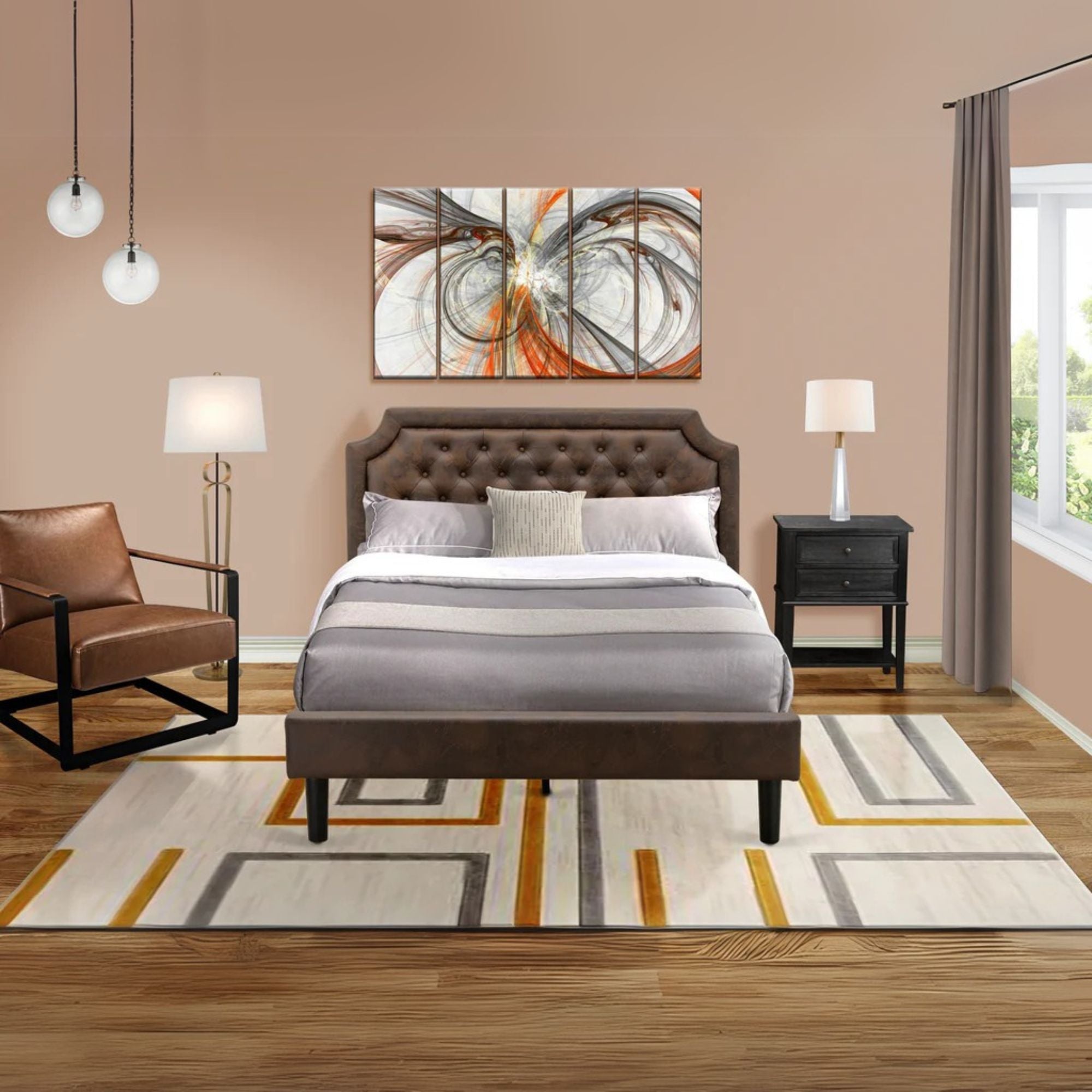 Ohana Astoria Queen Black Upholstered Bed Frame  Modern Platform with Wooden Slats & 9-Leg Support