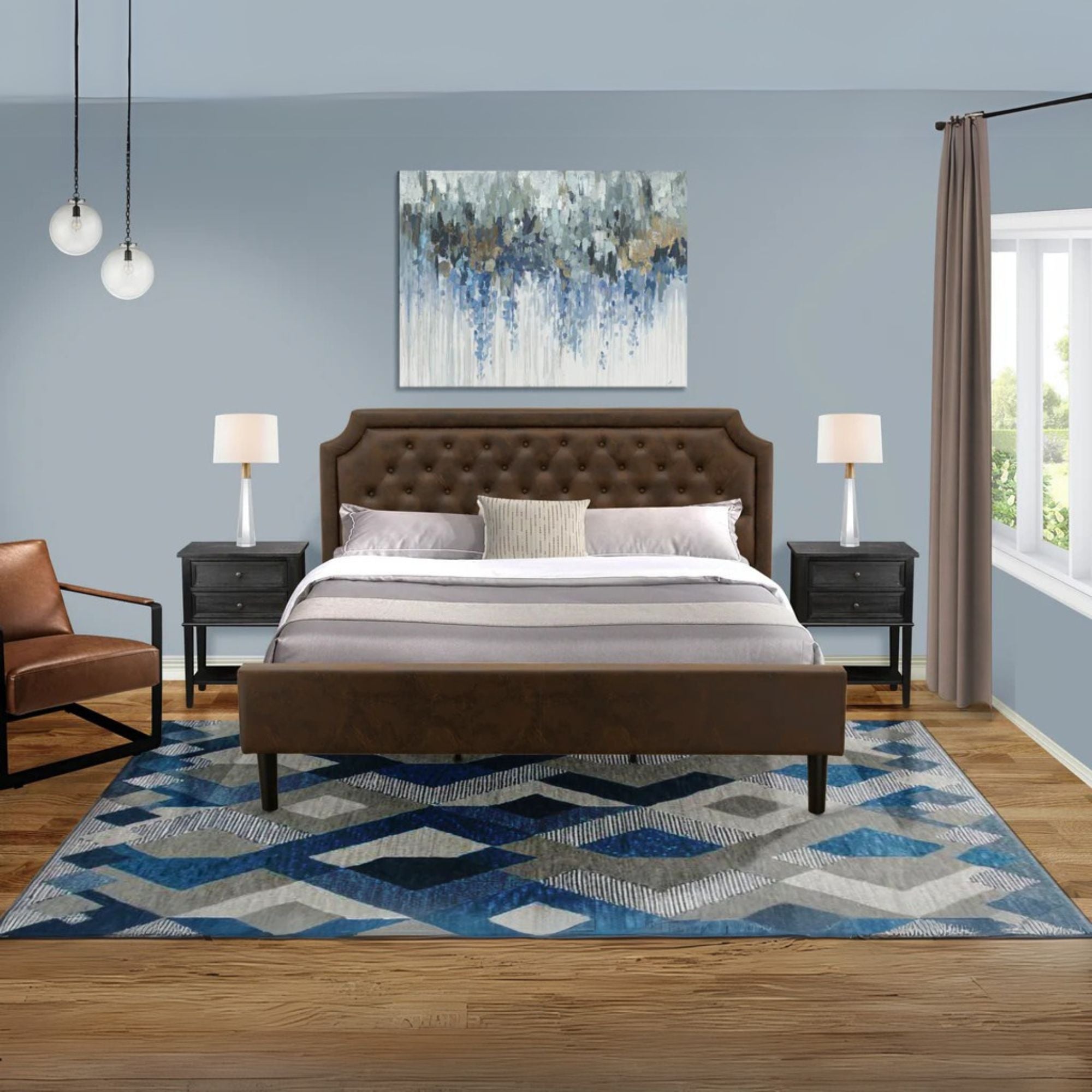 Kaila Granbury Collection King Bed Frame in Black  Textured Upholstered Headboard, Footboard & Wood Slats