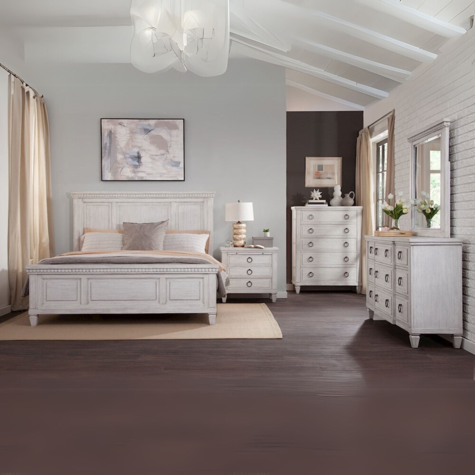 Marka Salter Path King White Grain Wood Bed  Coastal Style with Slatted Headboard