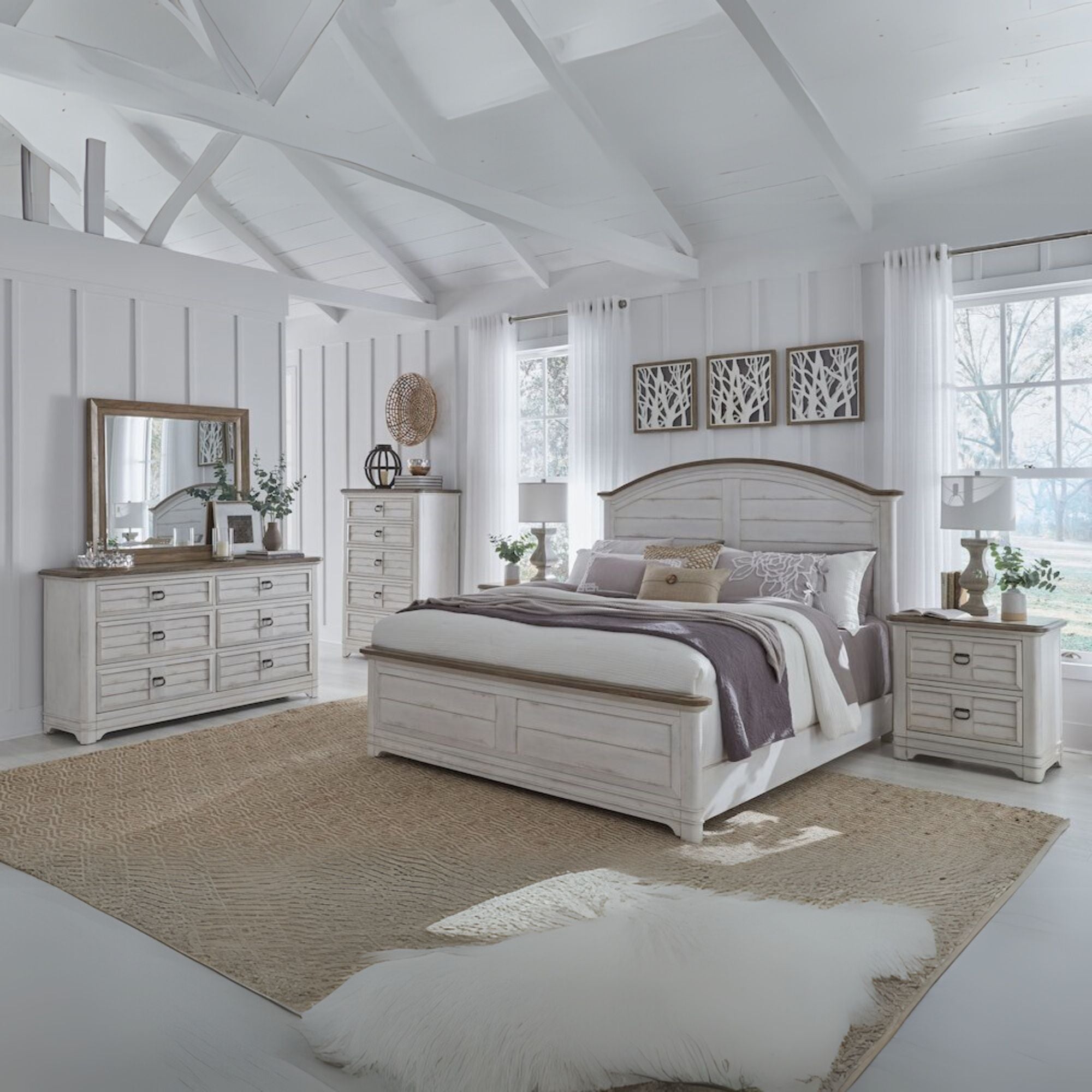 Meadowbrook Arched Queen Bed - Whitewash - Sand Top