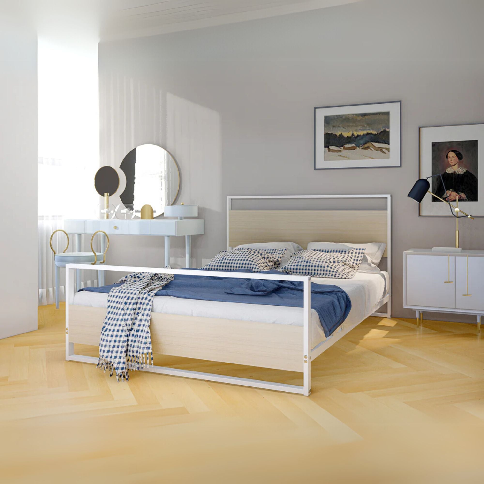 Erie Full Size Platform Bed Frame with 4 Metal Legs - High-class Bed in Powder Coating White Color and White Wood laminate