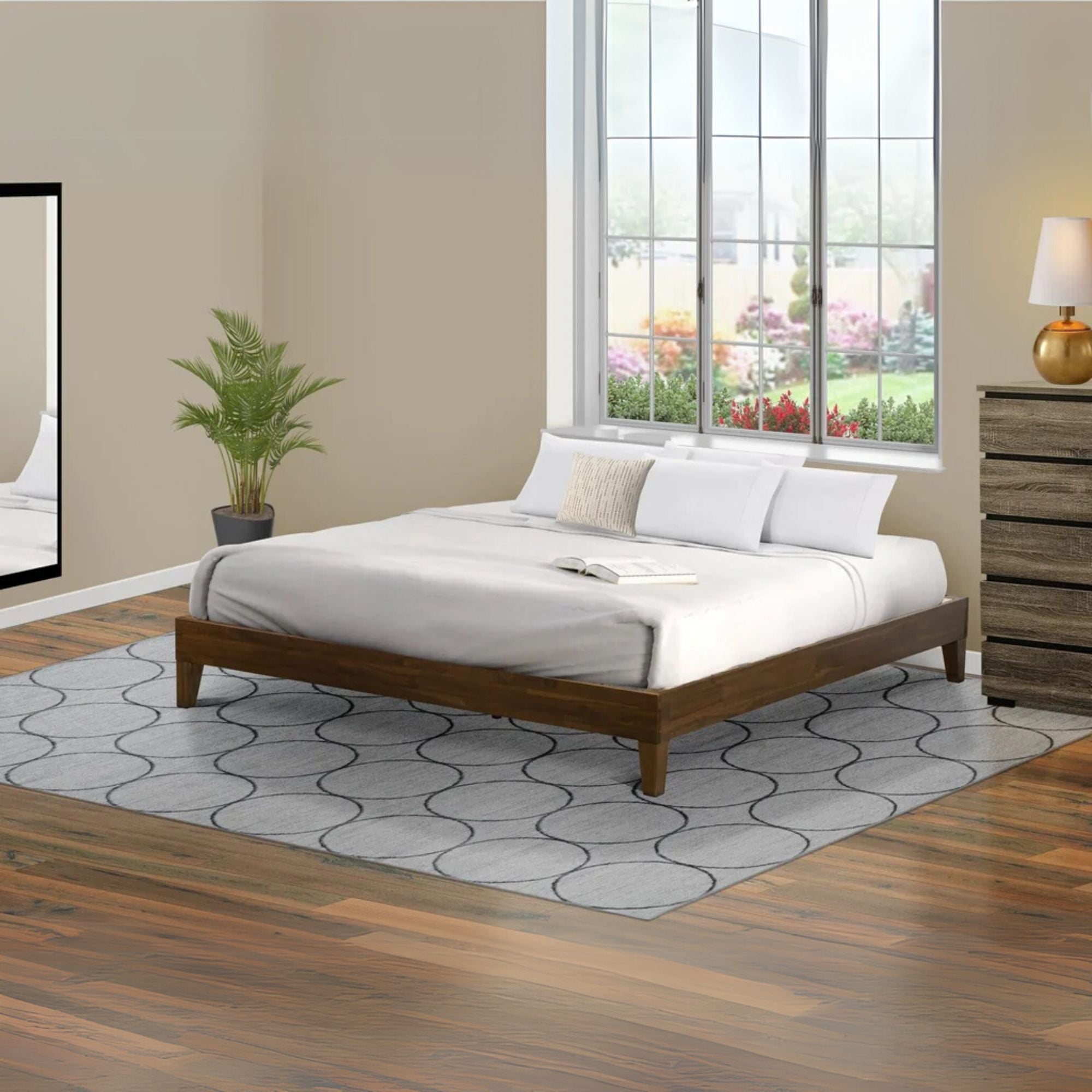 King Size Platform Bed Frame with 4 Hardwood Legs and 2 Extra Center Legs - Walnut Finish