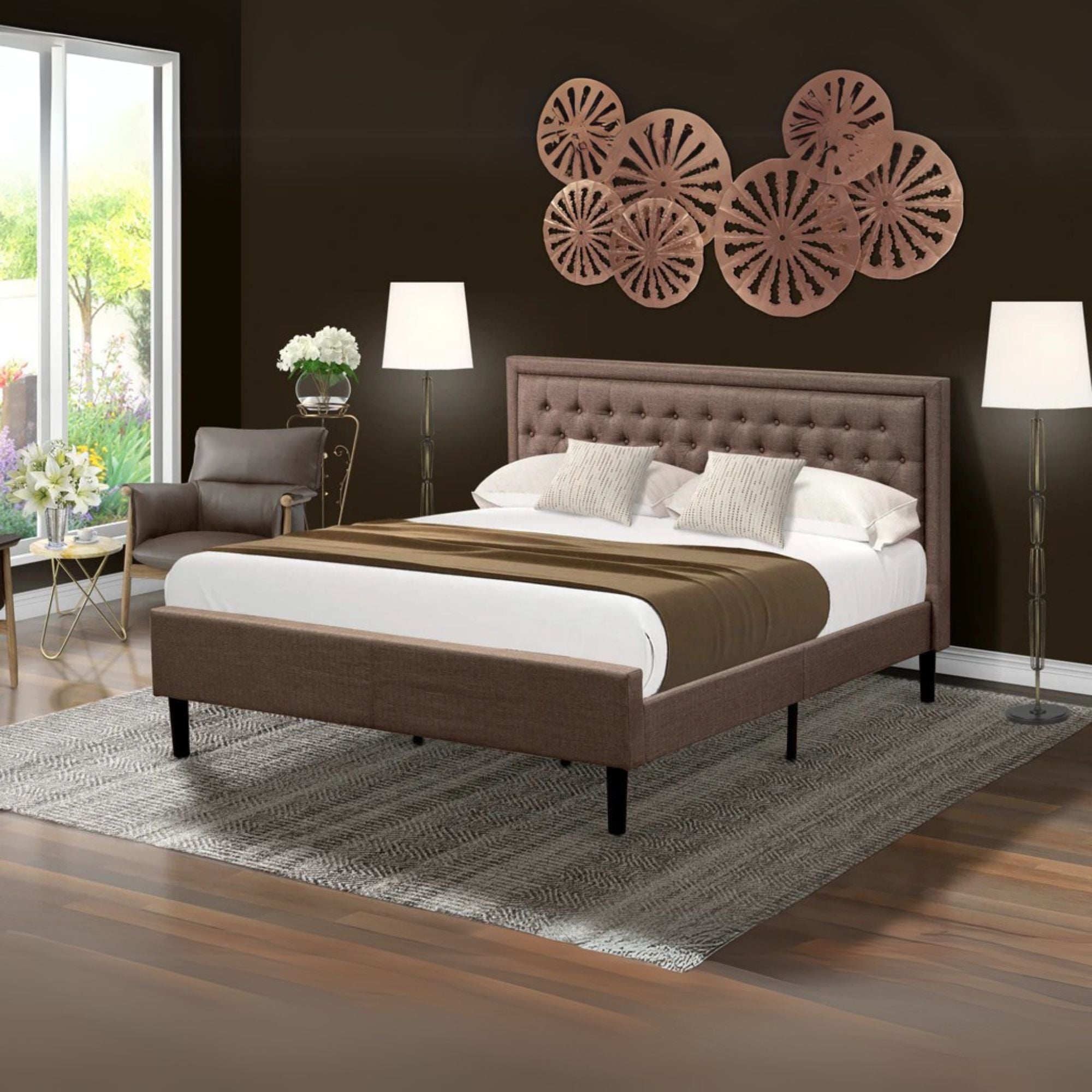 Platform King Bed Frame Wood - Brown Linen Fabric Upholestered Bed Headboard with Button Tufted Trim Design - Black Legs