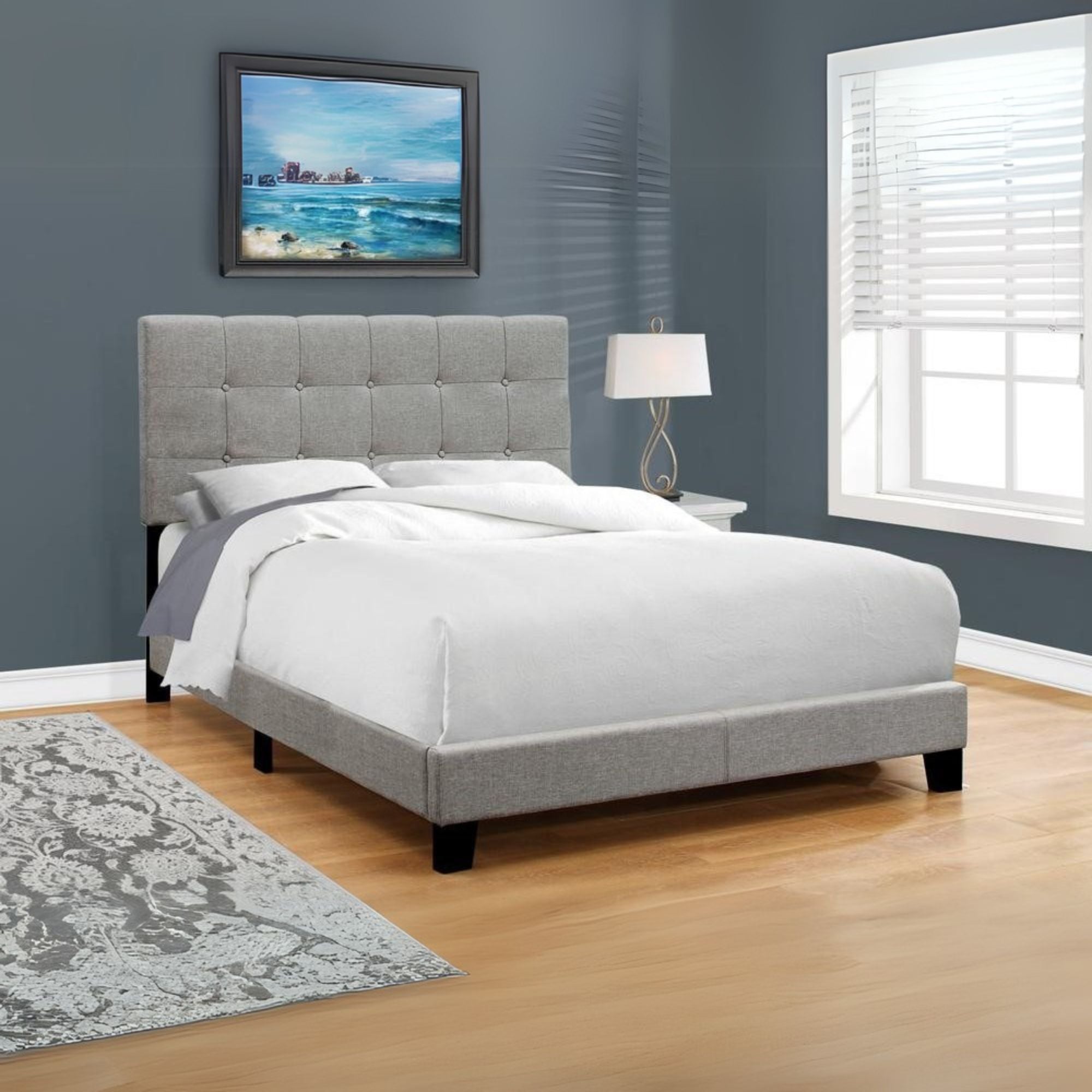 Bed, Full Size, Bedroom, Upholstered, Grey Linen Look, Transitional