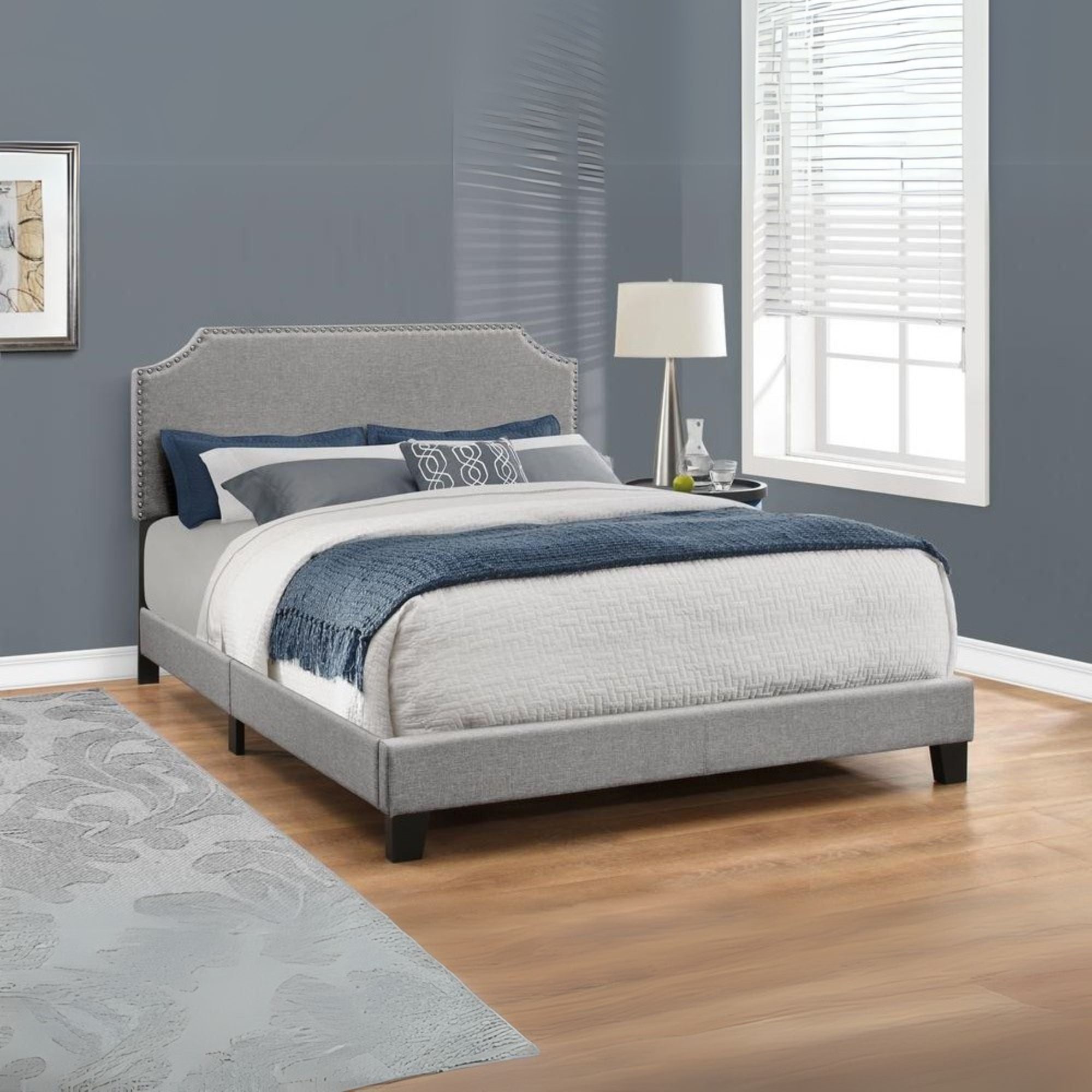 Bed, Queen Size, Bedroom, Upholstered, Grey Linen Look, Chrome Trim