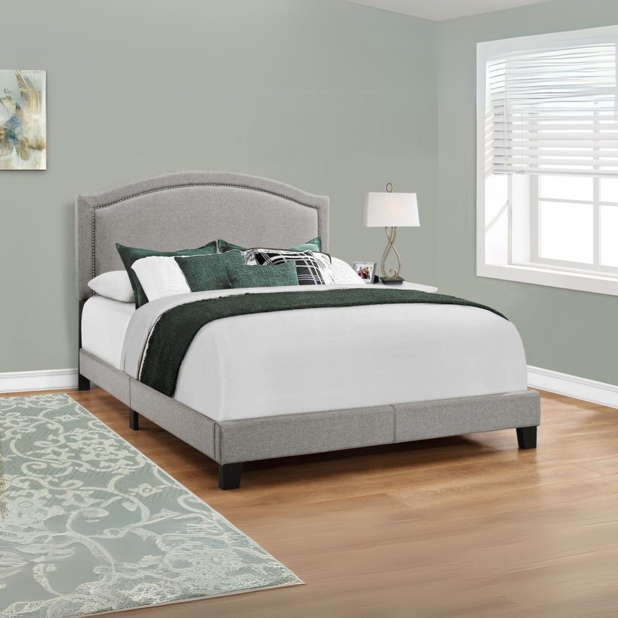 Bed, Queen Size, Bedroom, Upholstered, Grey Linen Look, Chrome Trim