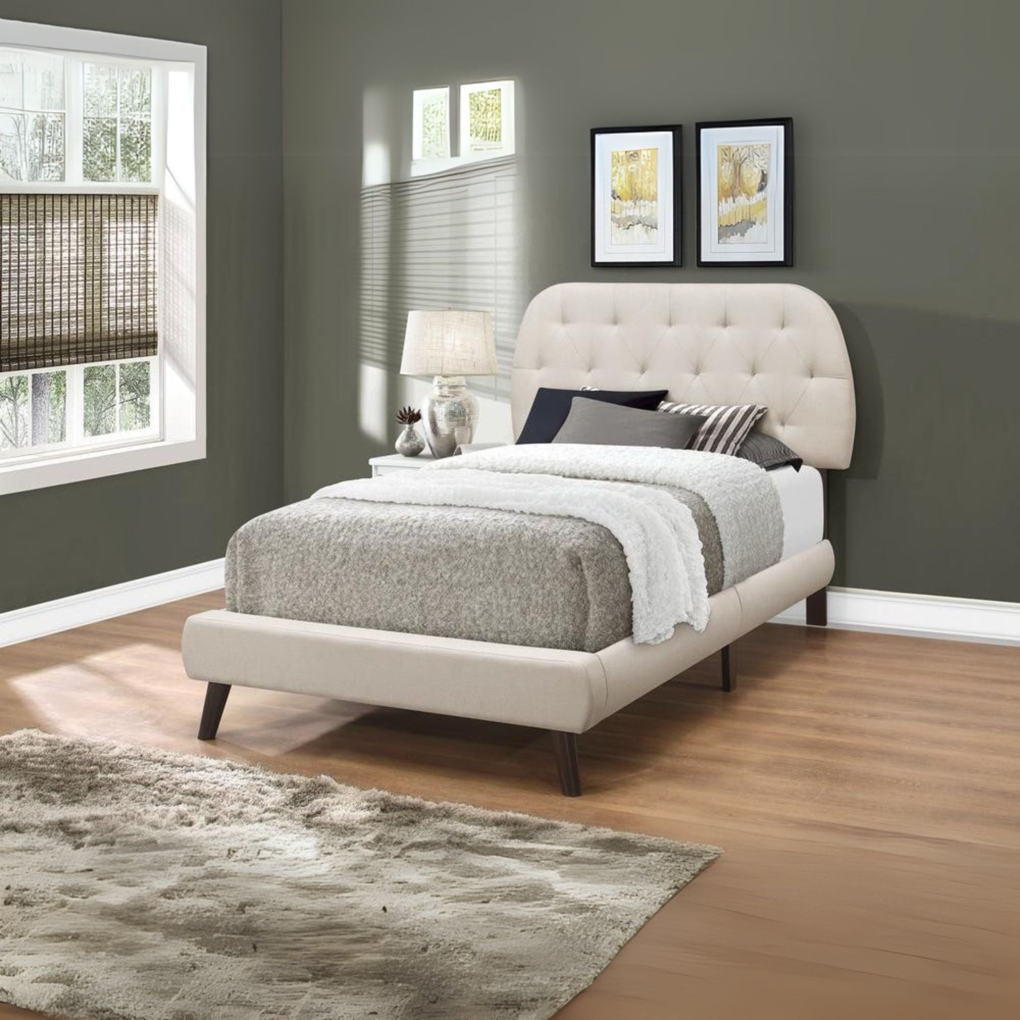 BED - TWIN SIZE / BEIGE LINEN WITH BROWN WOOD LEGS