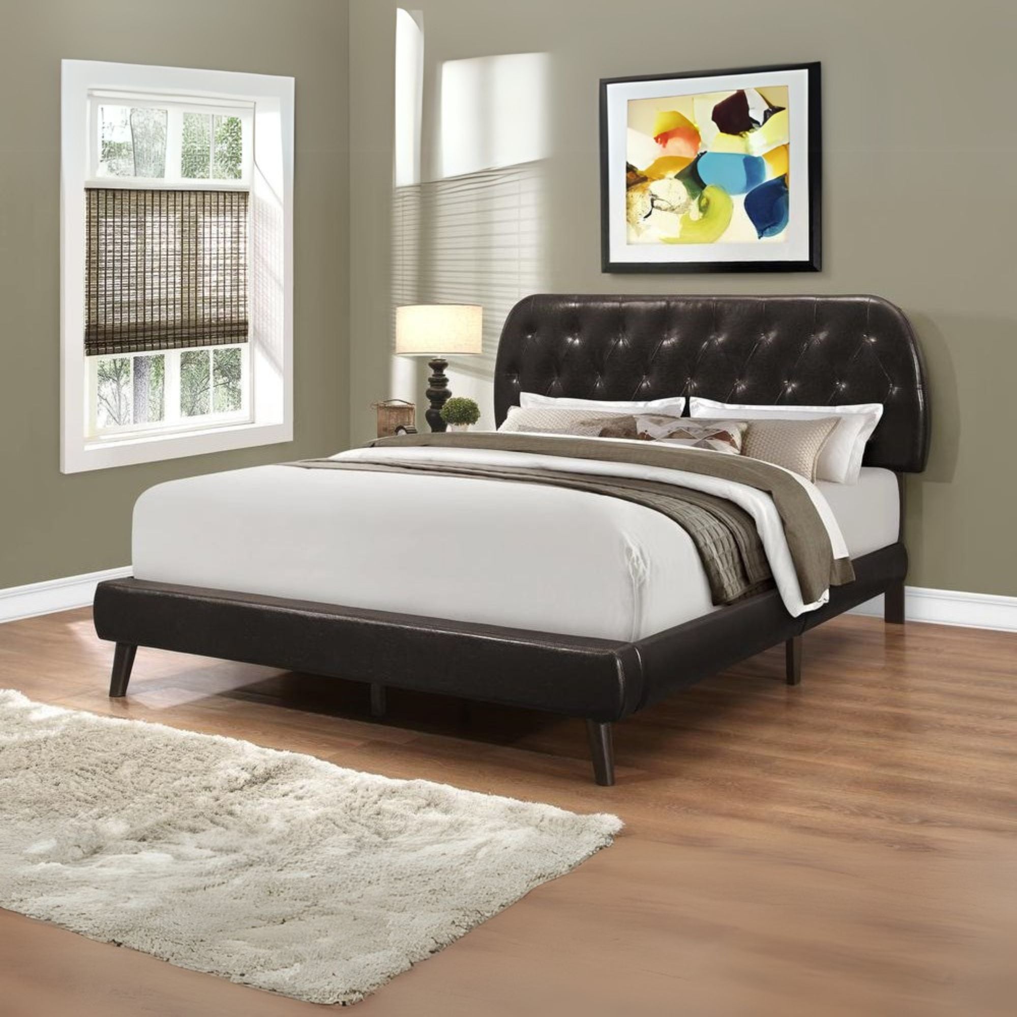 Bed, Queen Size, Bedroom, Upholstered, Brown Leather Look, Wood Legs