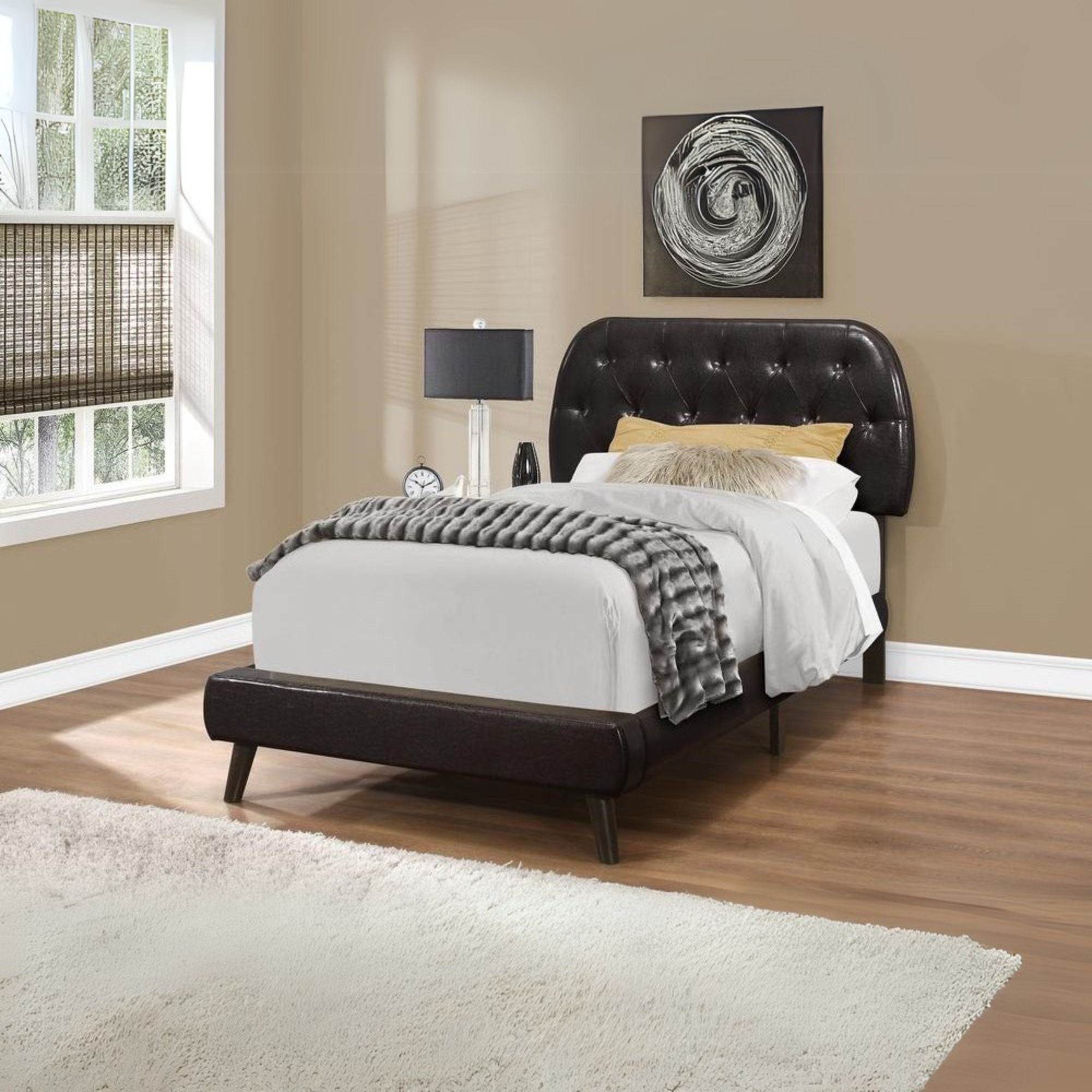 Bed, Twin Size, Teen, Upholstered, Brown Leather Look, Wood Legs, Transitiona