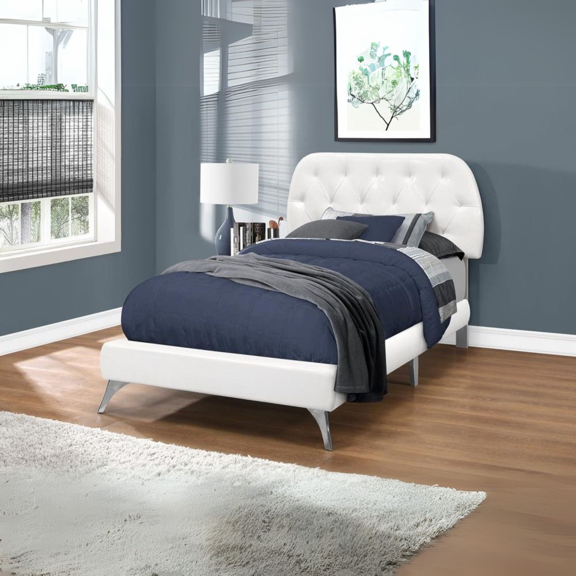 Bed, Twin Size, Teen, Upholstered, White Leather Look, Chrome Wood Legs