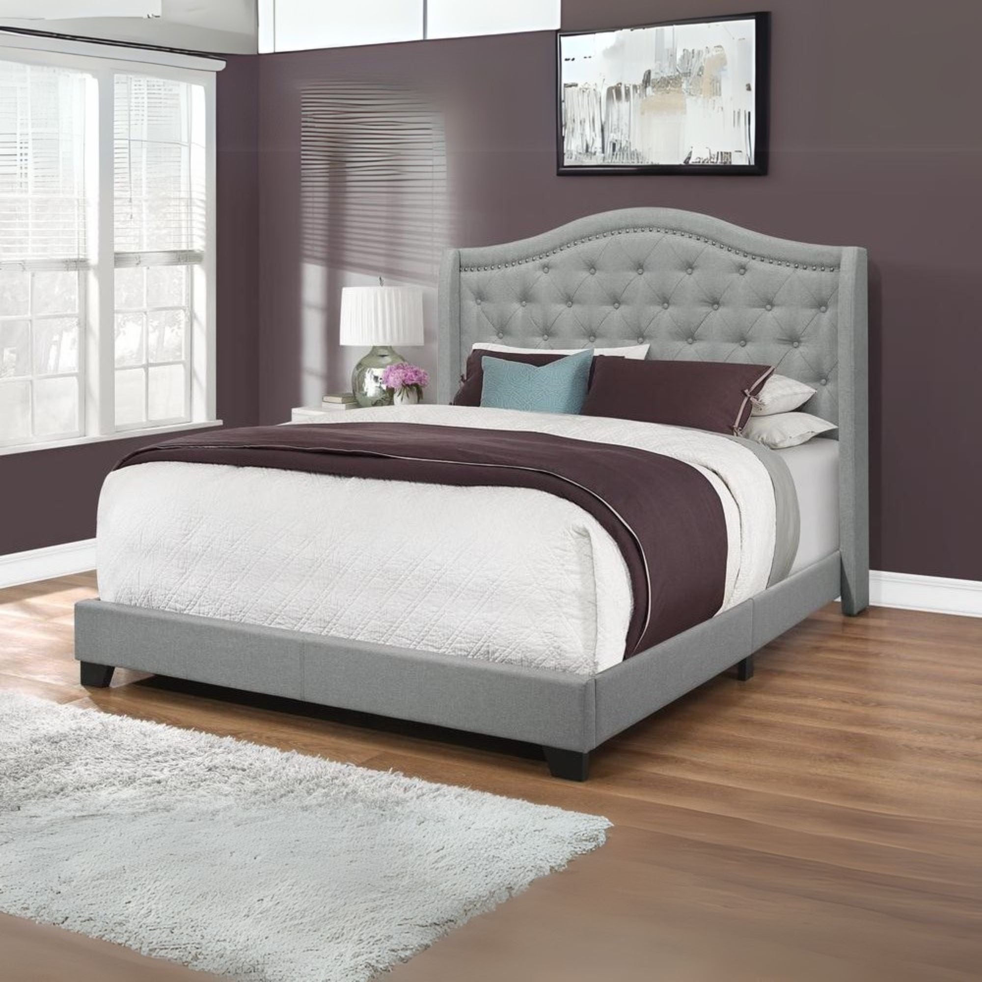 Bed, Queen Size, Bedroom, Upholstered, Grey Velvet, Chrome Trim, Traditional