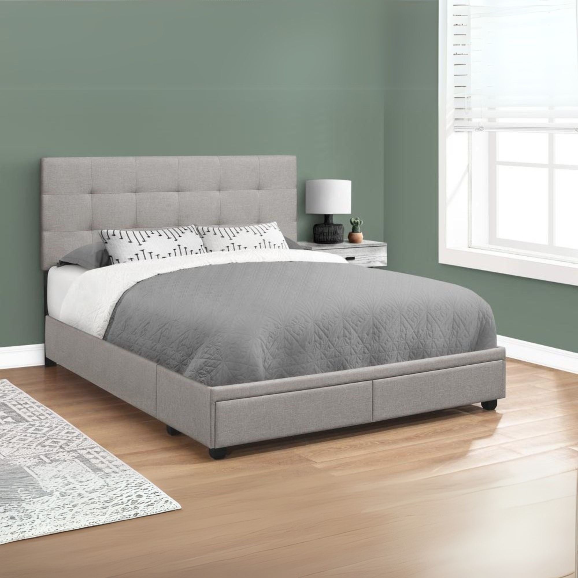 Bed, Queen Size, Bedroom, Upholstered, Grey Linen Look, Wood Legs, Transition