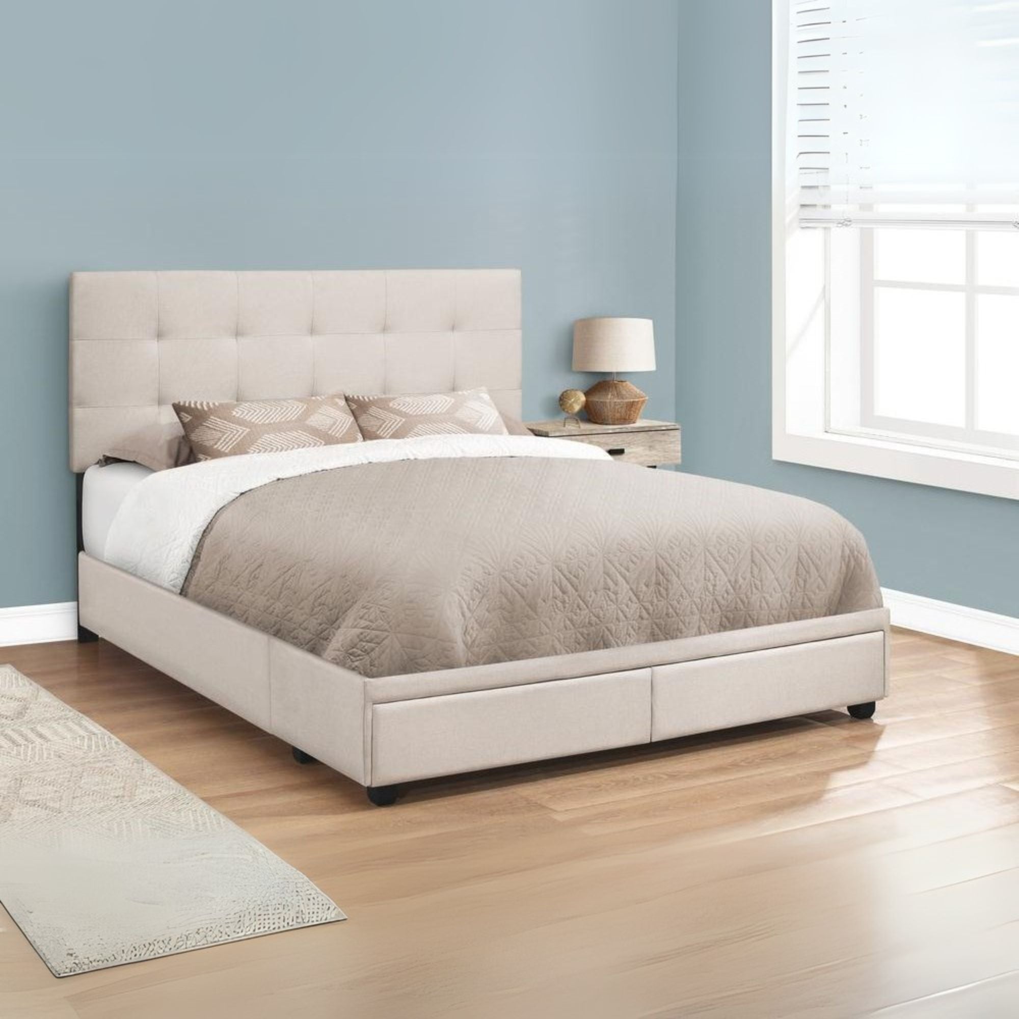 Monarch Halden Queen Upholstered Bed in Beige Linen  Contemporary Frame with Black Wood Legs