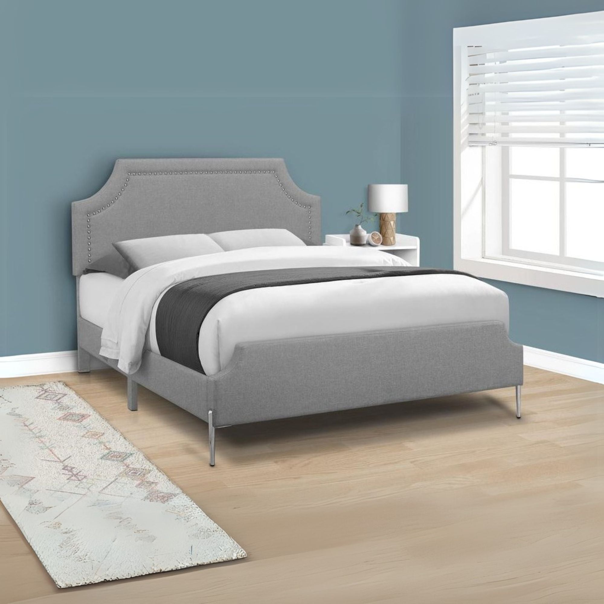 Bed, Queen Size, Bedroom, Upholstered, Grey Linen Look, Chrome