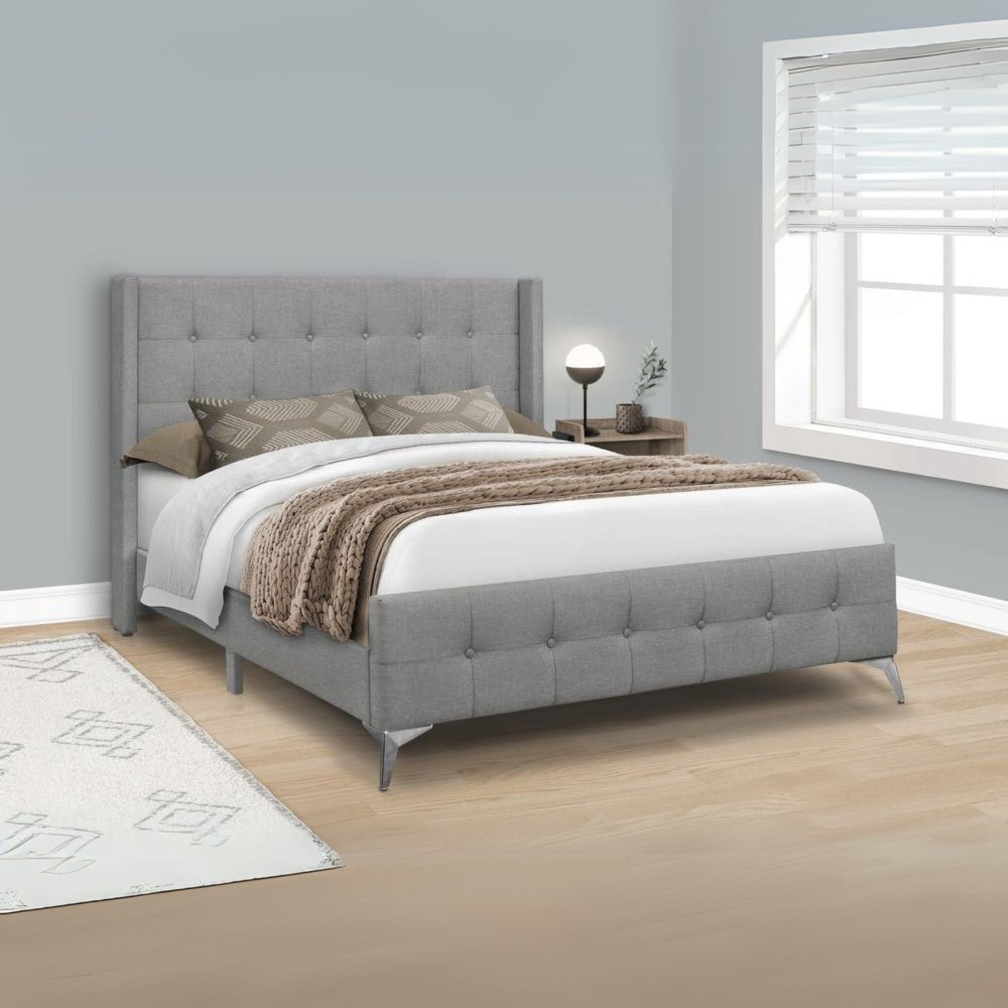 Bed, Queen Size, Bedroom, Upholstered, Grey Linen Look, Chrome Metal Legs