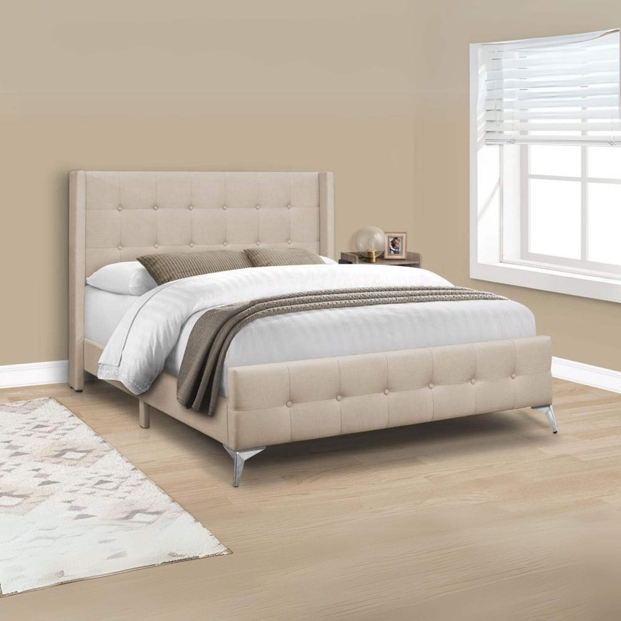 Bed, Queen Size, Bedroom, Upholstered, Beige Linen Look, Chrome Metal Legs