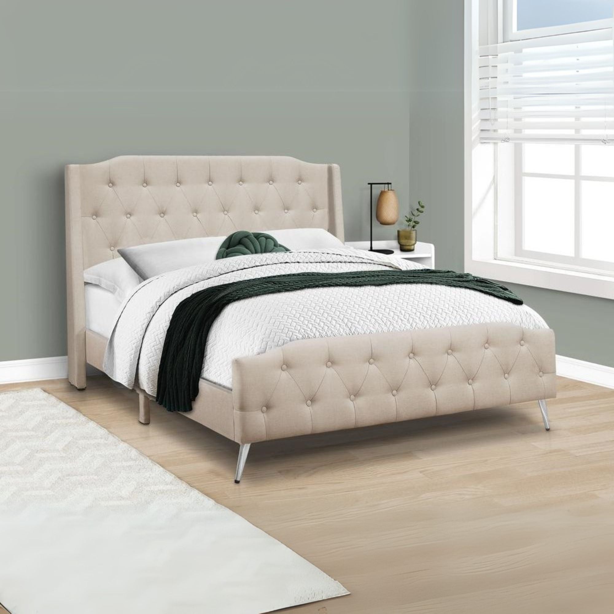 Bed, Queen Size, Bedroom, Upholstered, Beige Linen Look, Chrome