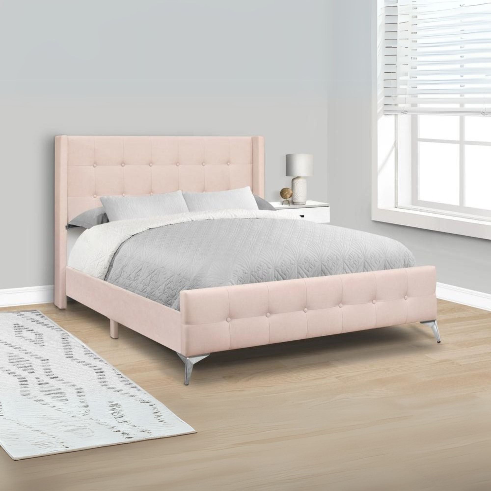 Bed, Queen Size, Bedroom, Upholstered, Pink Velvet, Chrome Metal Legs