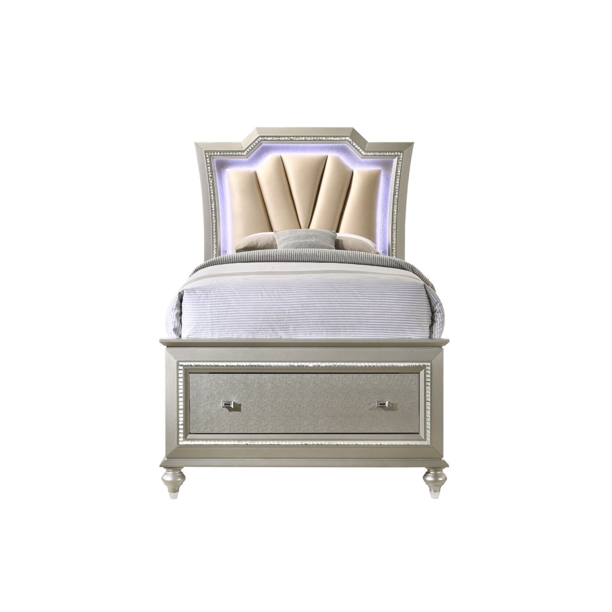 Kaitlyn Twin Bed w/LED, Synthetic Leather & Champagne