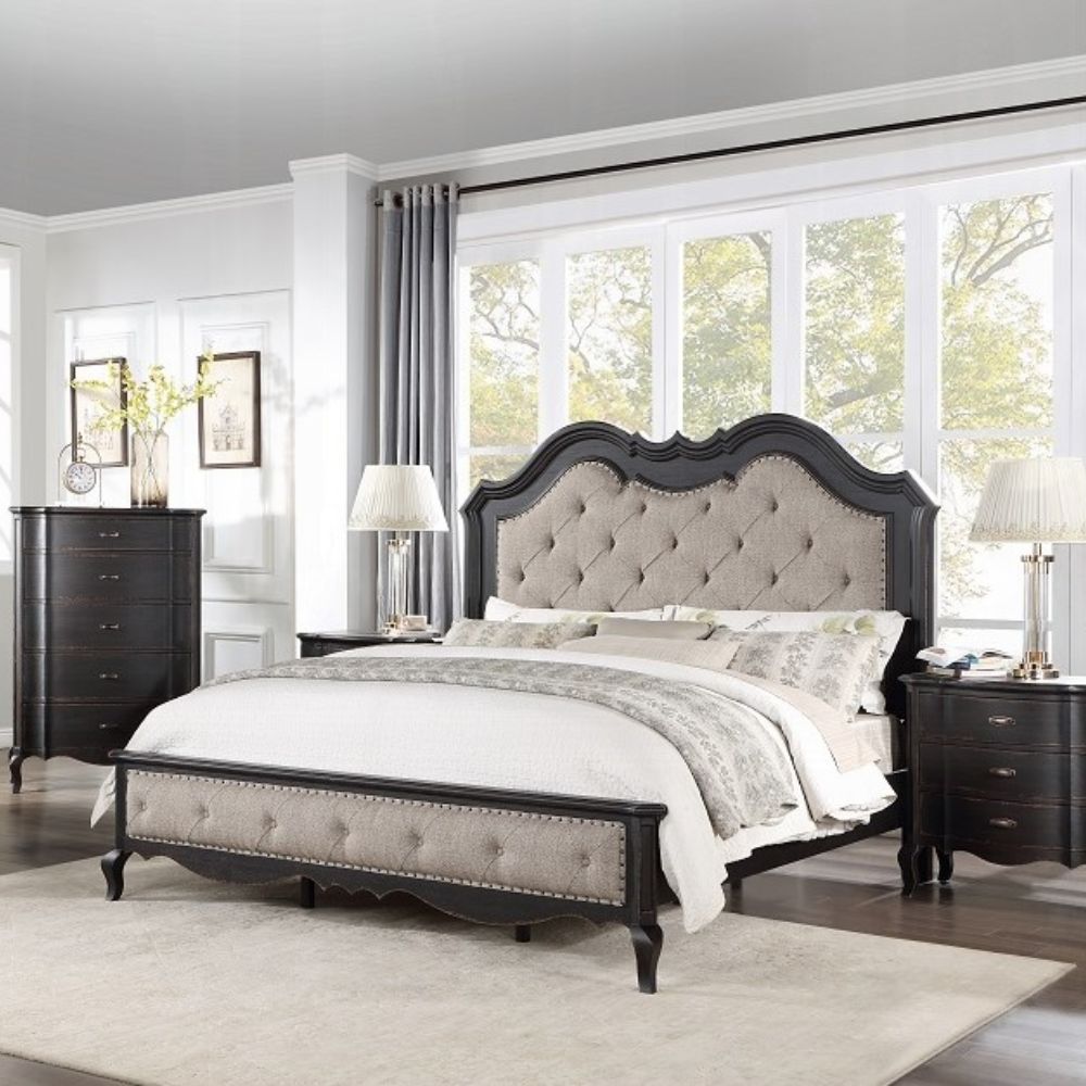 Ansari Chelmsford Queen Upholstered Bed Beige Fabric & Antique Black – Traditional Carved Wooden Frame