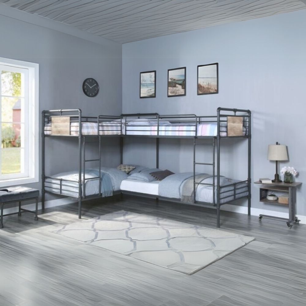 Cordelia L Shape Bunk Bed (T/T/T/T), Sandy Black, Dark Bronze Hand-Brushed Finish