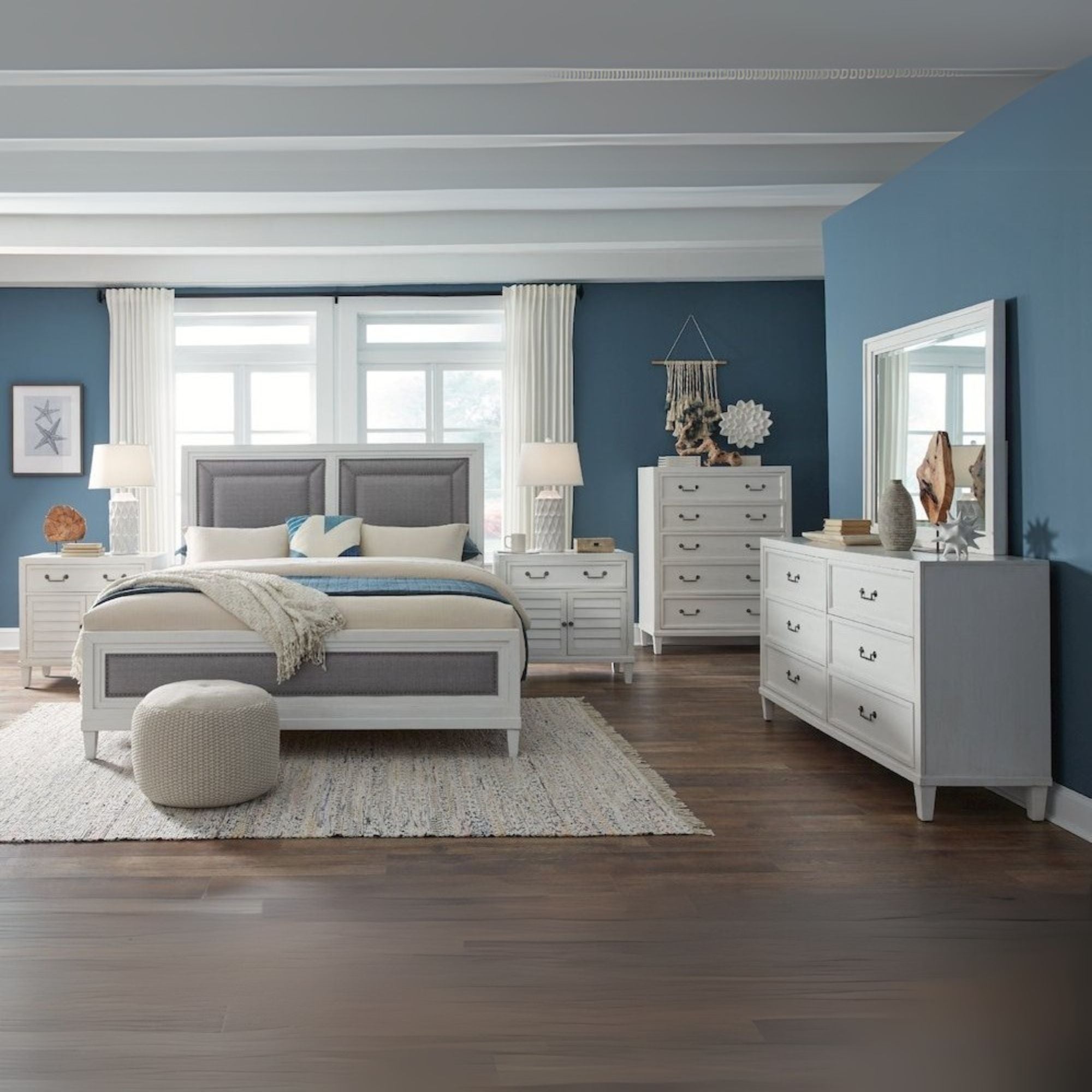 Bushwick Dunescape King White Upholstered Bed  Coastal Style with Tufted Headboard