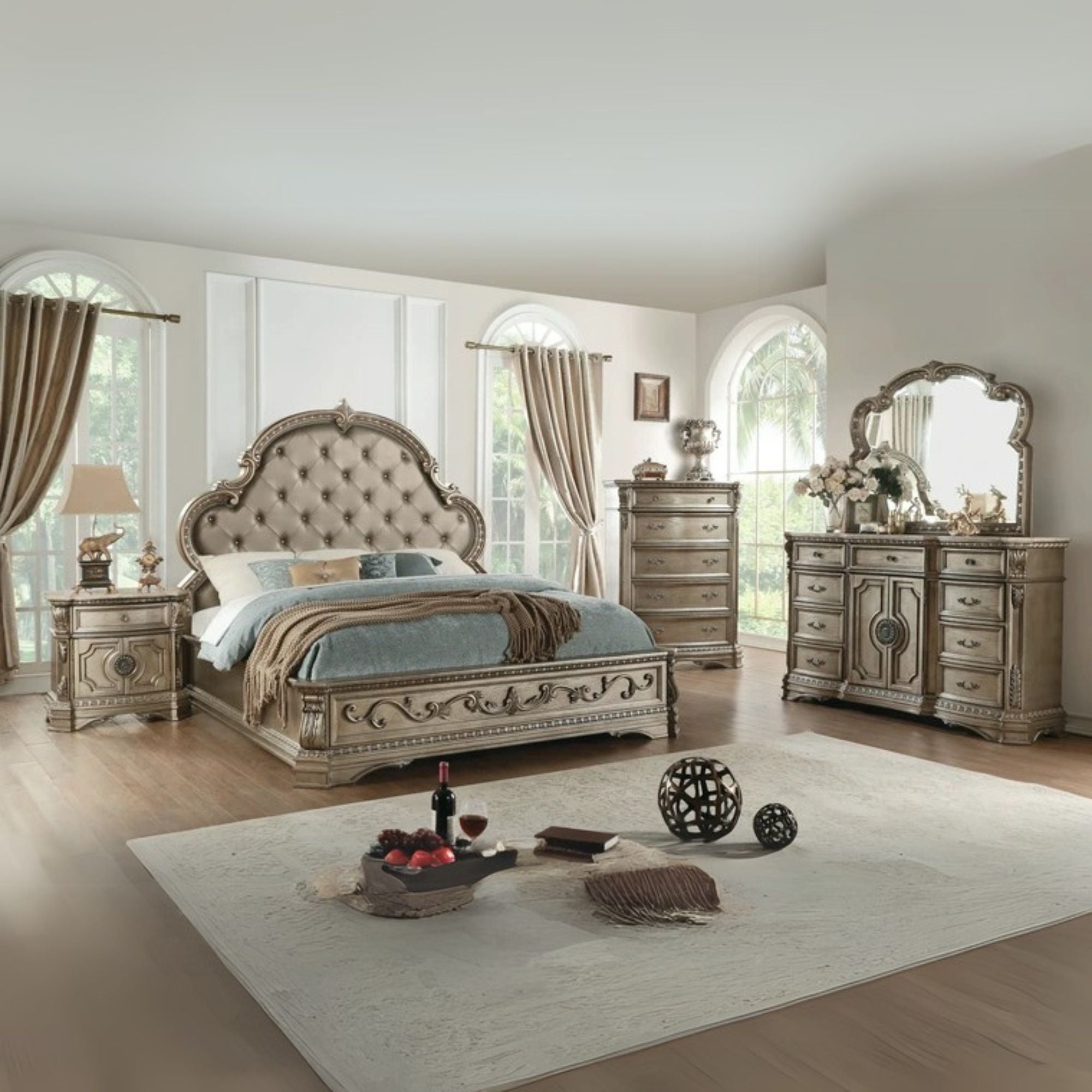 Northville Eastern King Bed, Synthetic Leather & Antique Silver