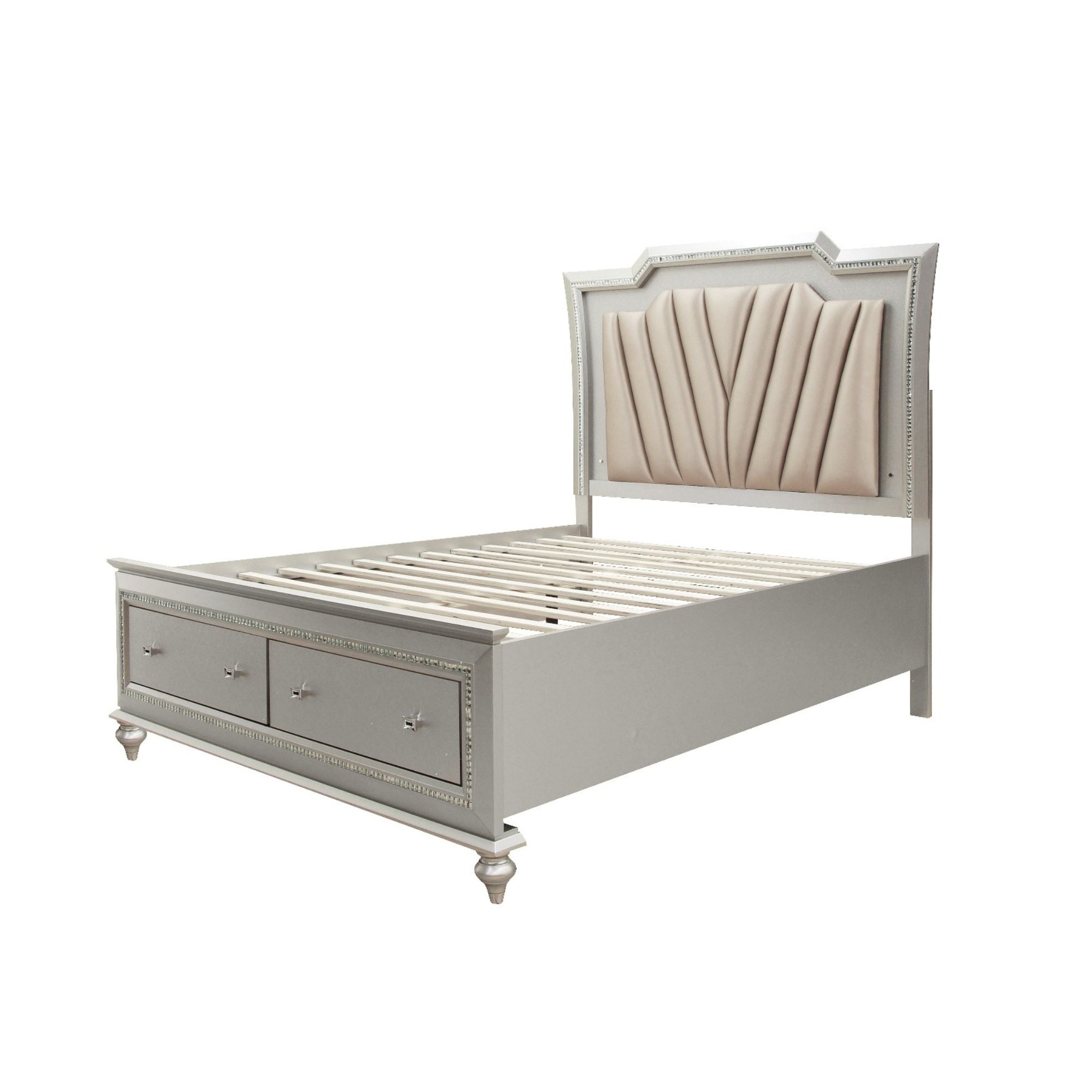 Kaitlyn Eastern King Bed w/Storage & LED, Synthetic Leather & Champagne