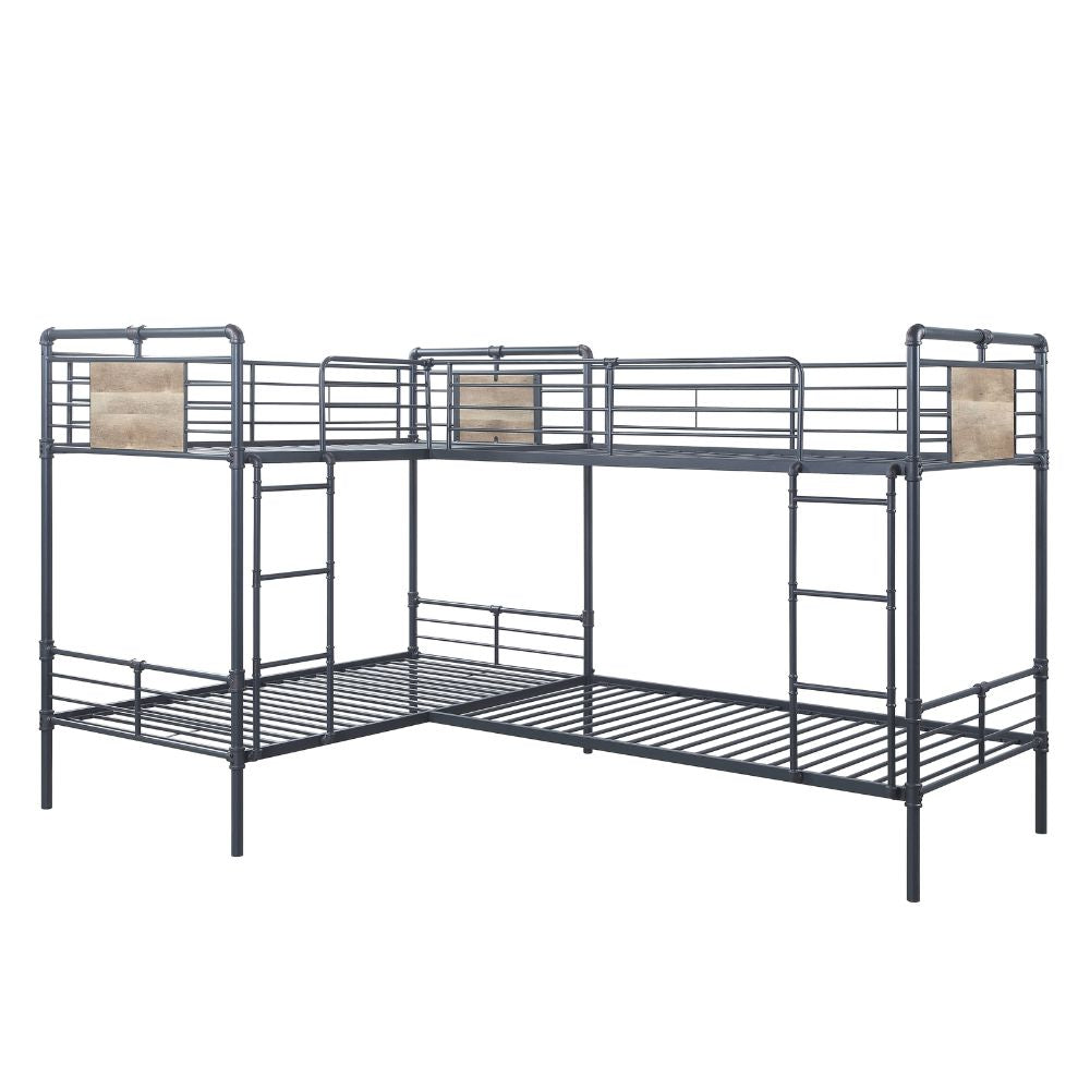 Cordelia L Shape Bunk Bed (T/T/T/T), Sandy Black, Dark Bronze Hand-Brushed Finish