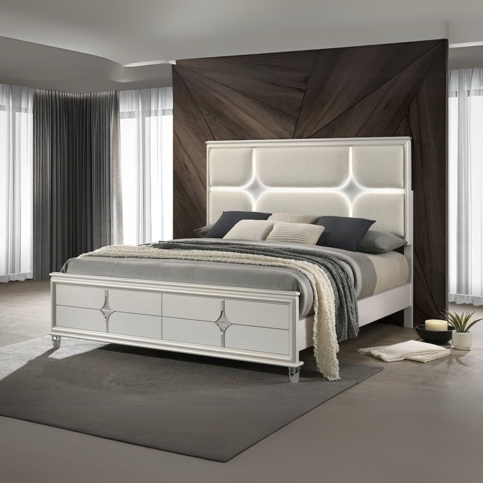 Olivia California King Panel Bed LED Headboard Pearl White