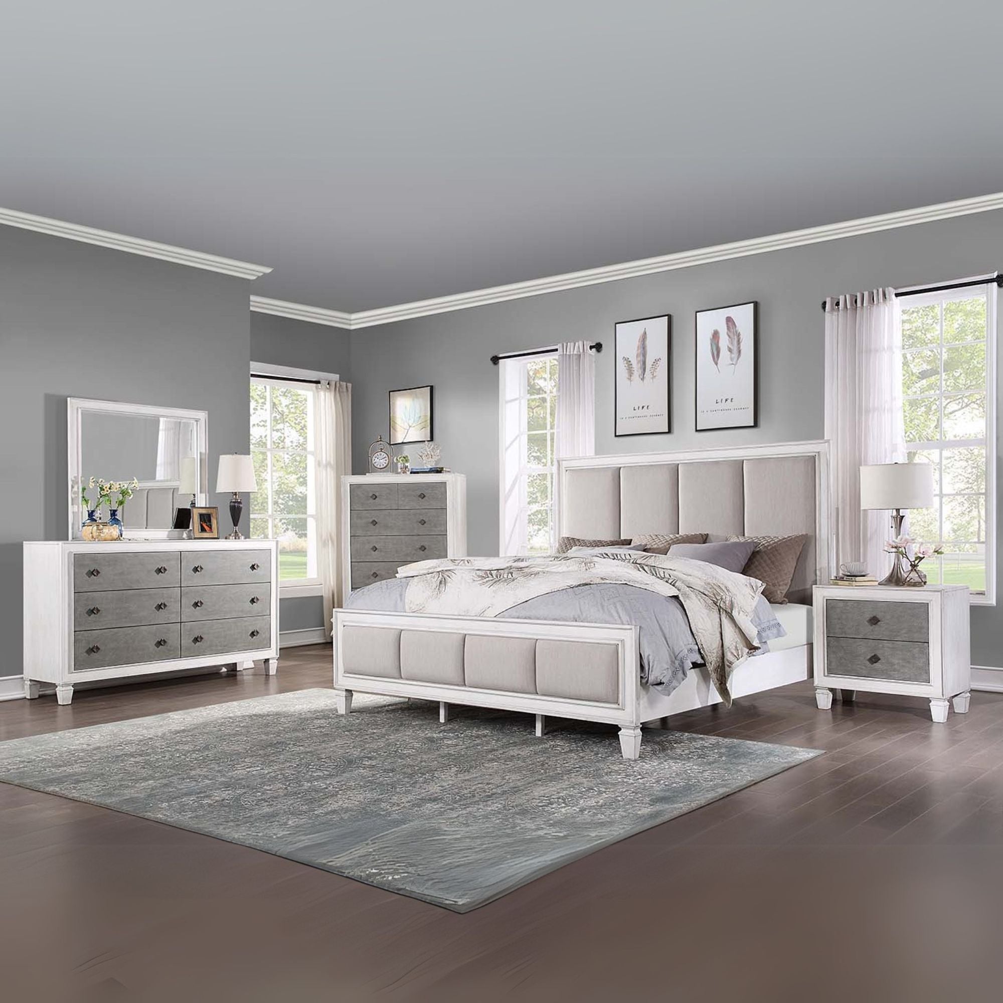 Katia CK Bed, Light Gray Linen, Rustic Gray & Weathered White Finish