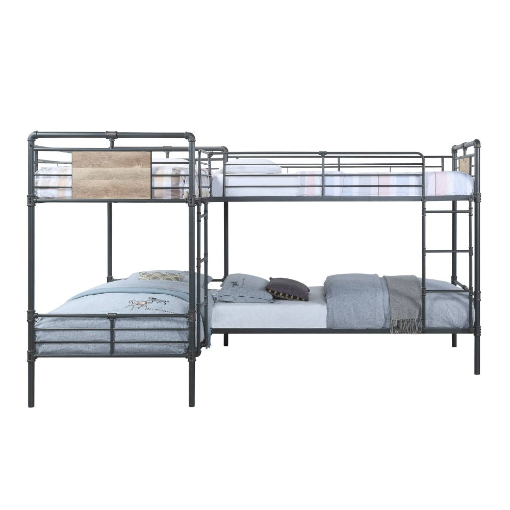 Cordelia L Shape Bunk Bed (T/T/T/T), Sandy Black, Dark Bronze Hand-Brushed Finish