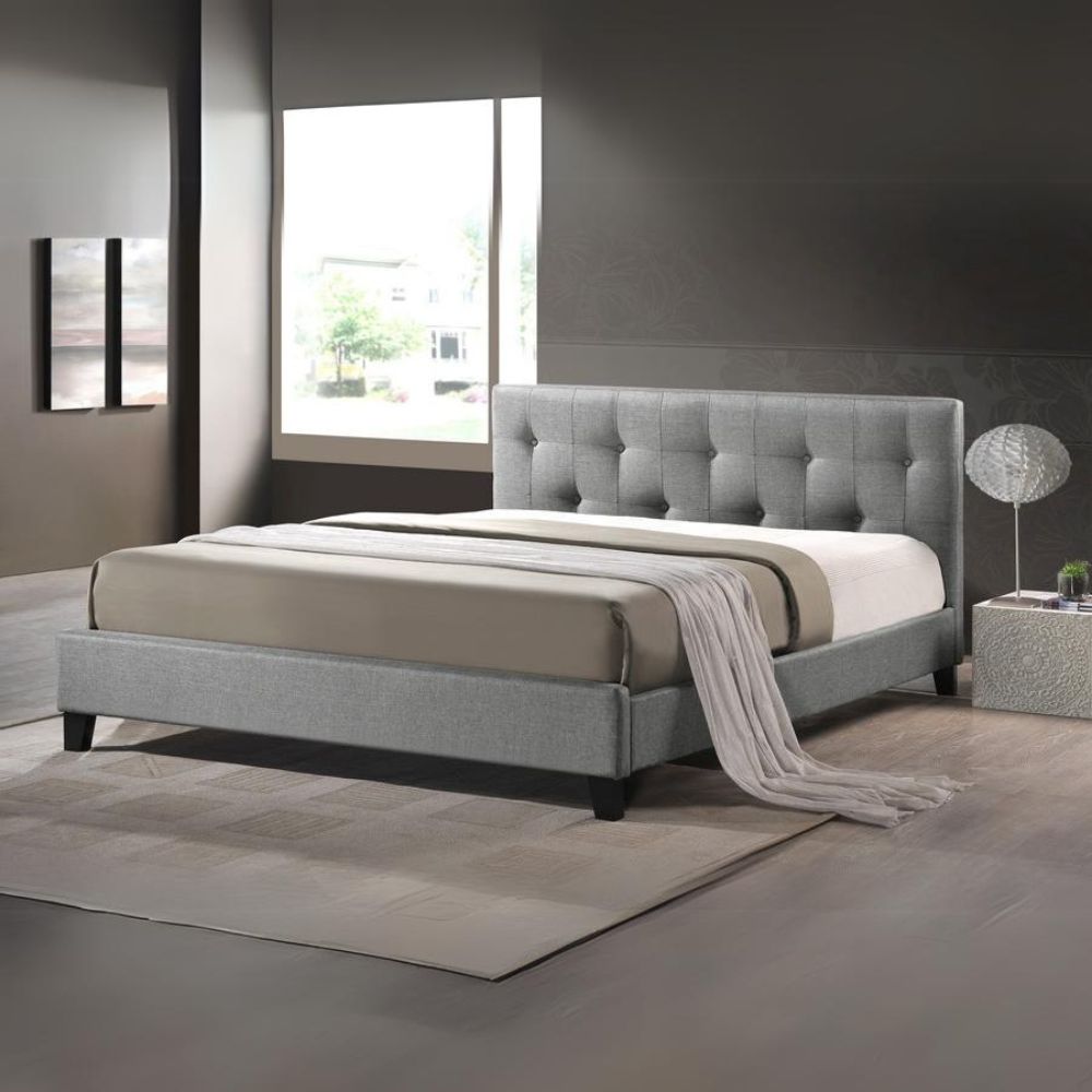 Annette Grey Linen Modern Bed With Upholstered Headboard - Full Size