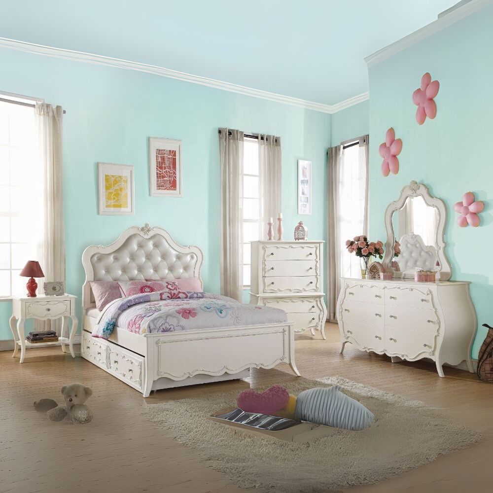 Selene Edalene Collection Twin Bed Pearl White  Faux Leather Upholstered with Diamond Trim