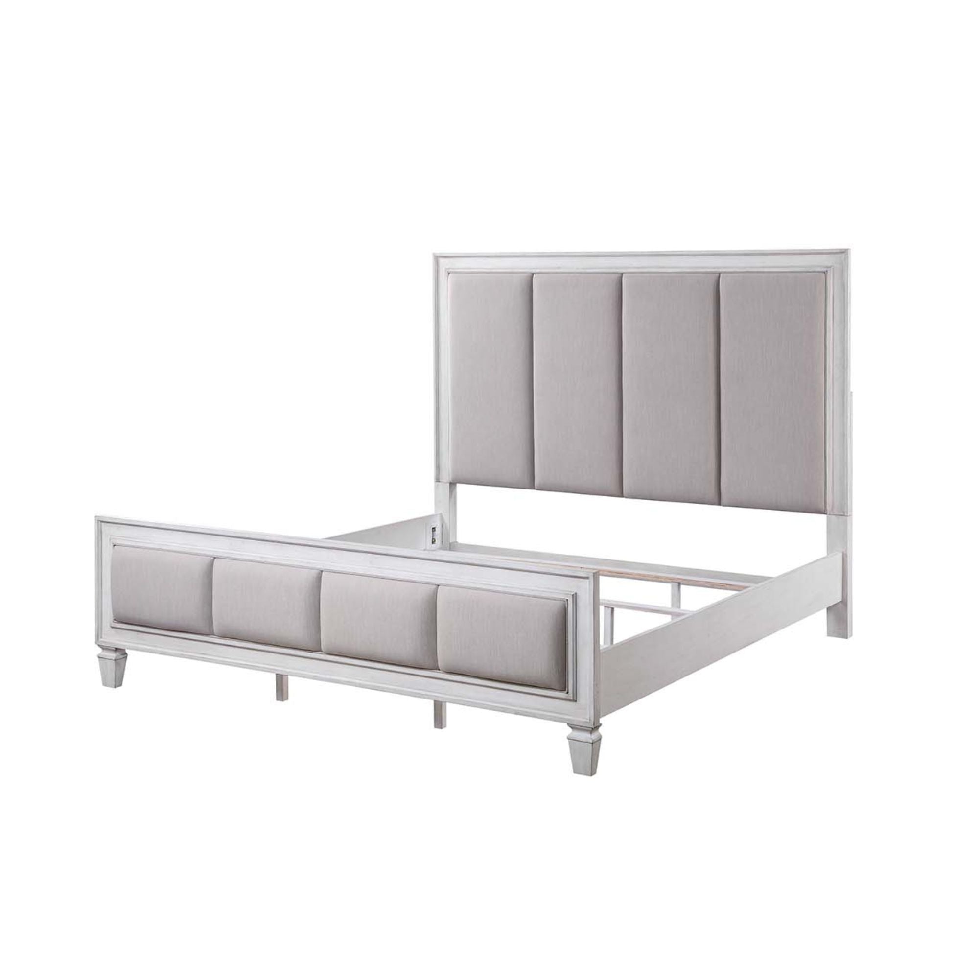 Katia Eastern King Bed, Light Gray Linen, Rustic Gray & Weathered White Finish