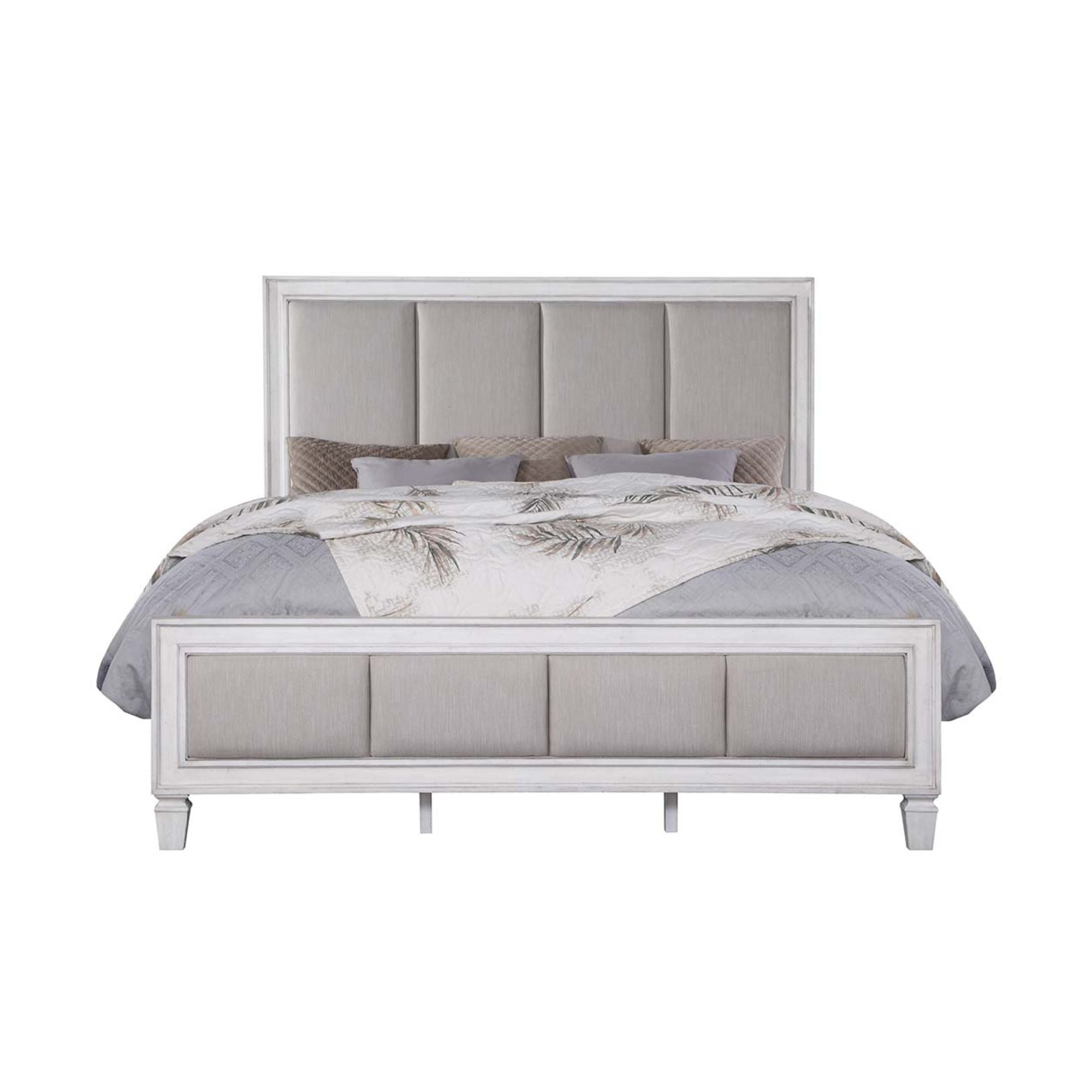 Katia Eastern King Bed, Light Gray Linen, Rustic Gray & Weathered White Finish