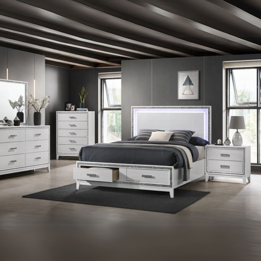 Haiden Eastern King Bed w/Storage, LED & White Finish