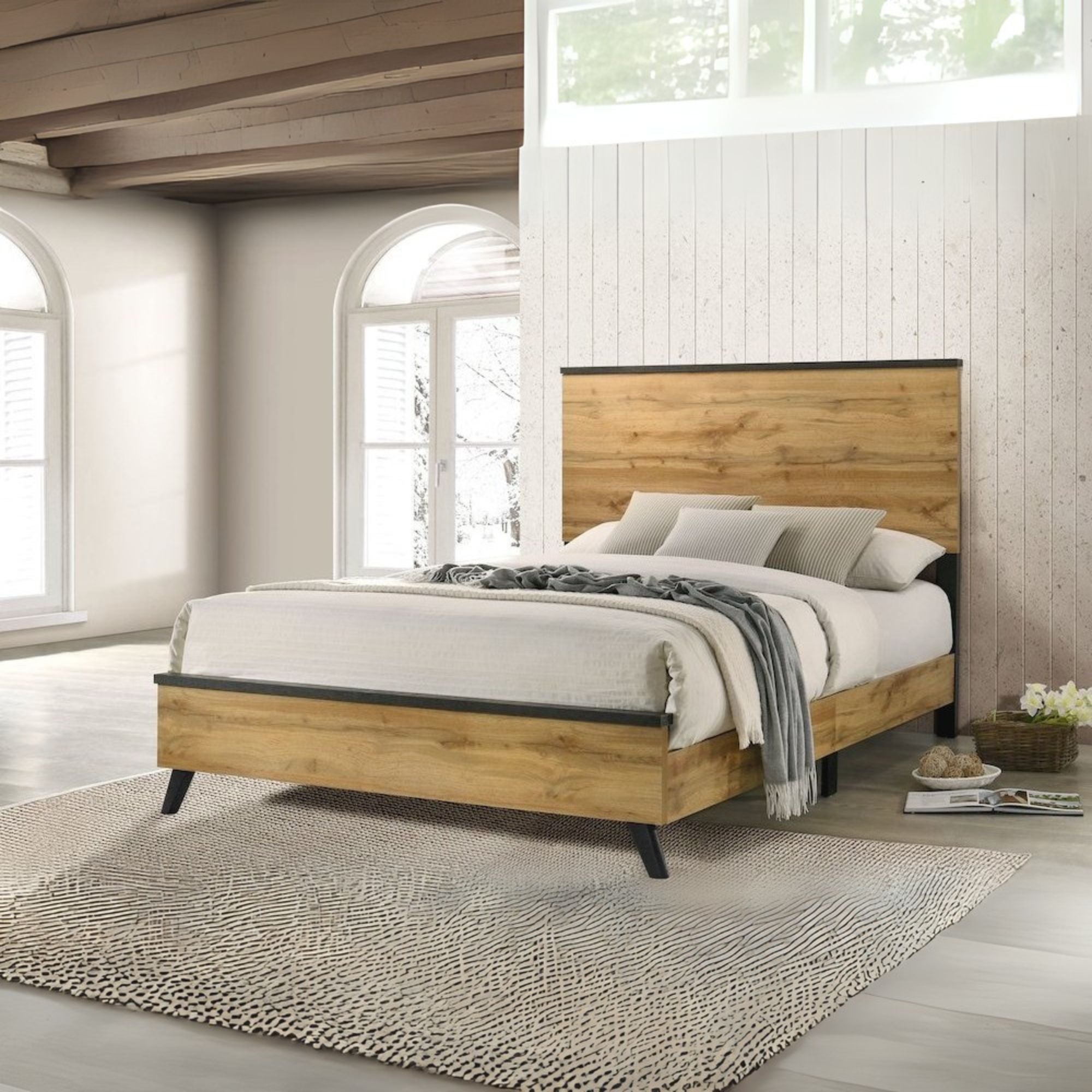 Emboss Kaywood Queen Natural Pine Panel Bed – Mid-Century Modern Rustic Wood Grain Design