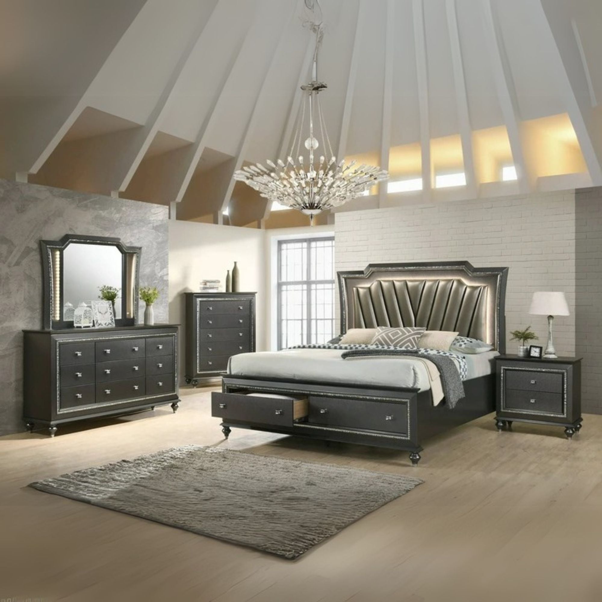 Kaitlyn Eastern King Bed w/Storage & LED, Synthetic Leather & Metallic Gray