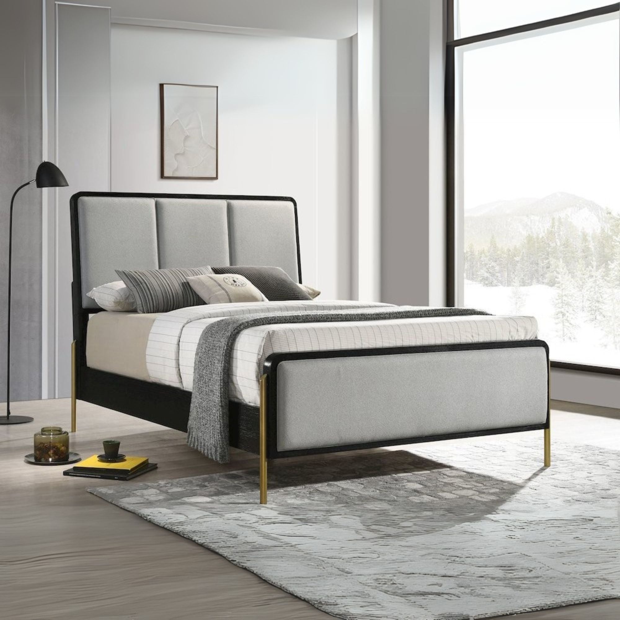 Ambra Arini Collection Eastern King Upholstered Panel Bed – Black & Grey, Sleek Modern Look