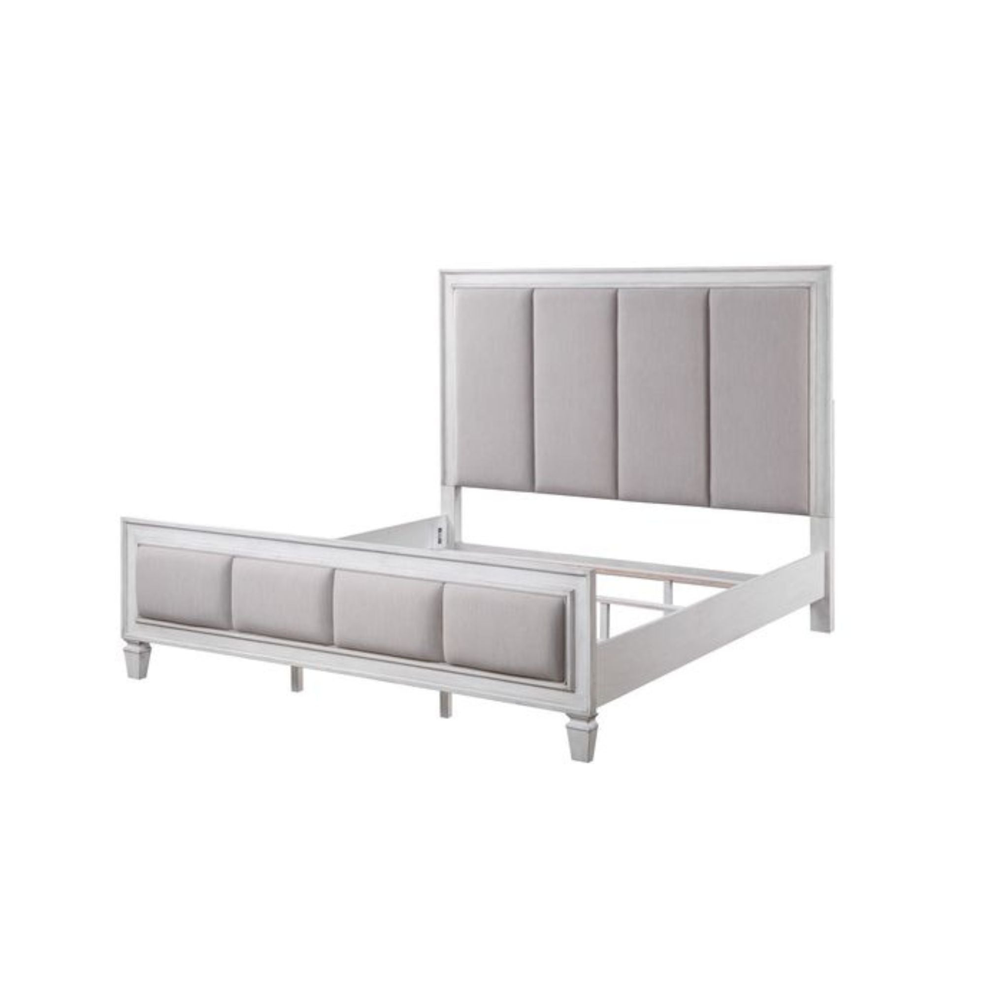 Katia Queen Bed, Light Gray Linen, Rustic Gray & Weathered White Finish