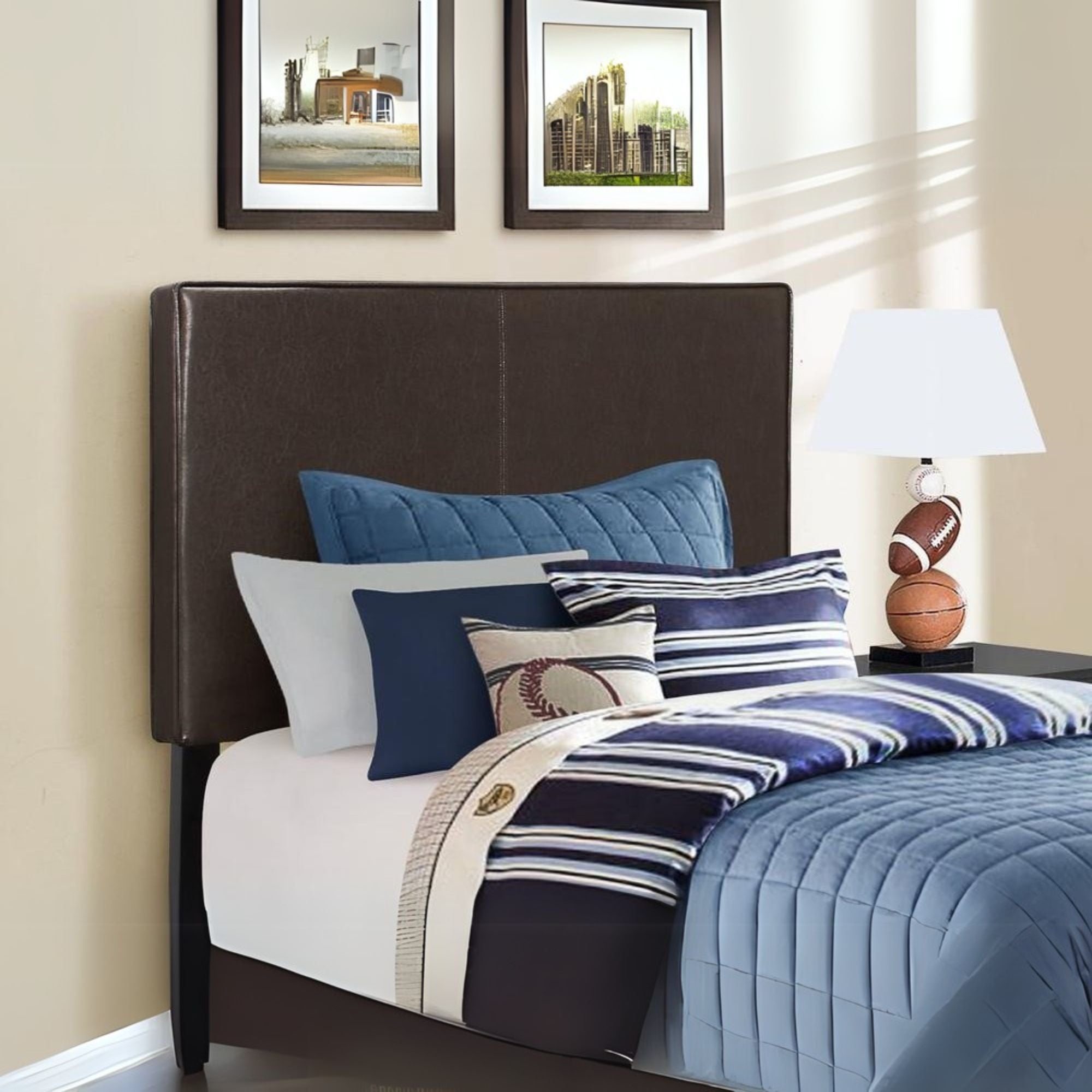 Summit Dakota Twin Brown Leather-Look Upholstered Bed – Transitional Design with Stitched Headboard