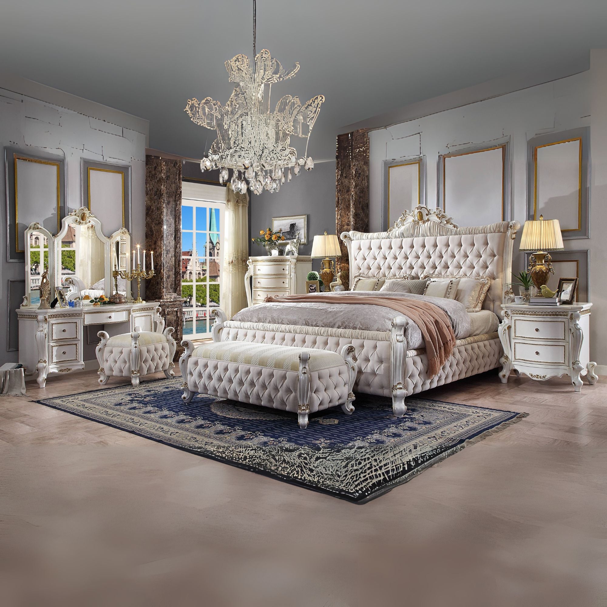 Picardy Eastern King Bed, Fabric & Antique Pearl