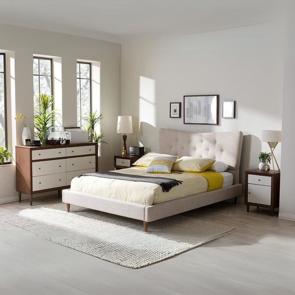 Hannah Mid-Century Modern Beige Linen King Size Platform Bed