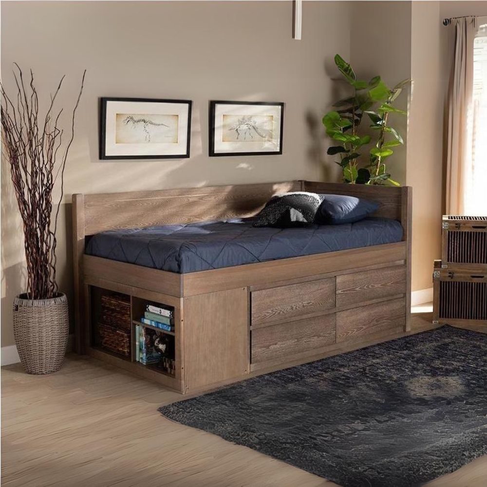 Levon Antique Oak Finished Wood 4-Drawer Twin Size Storage Bed